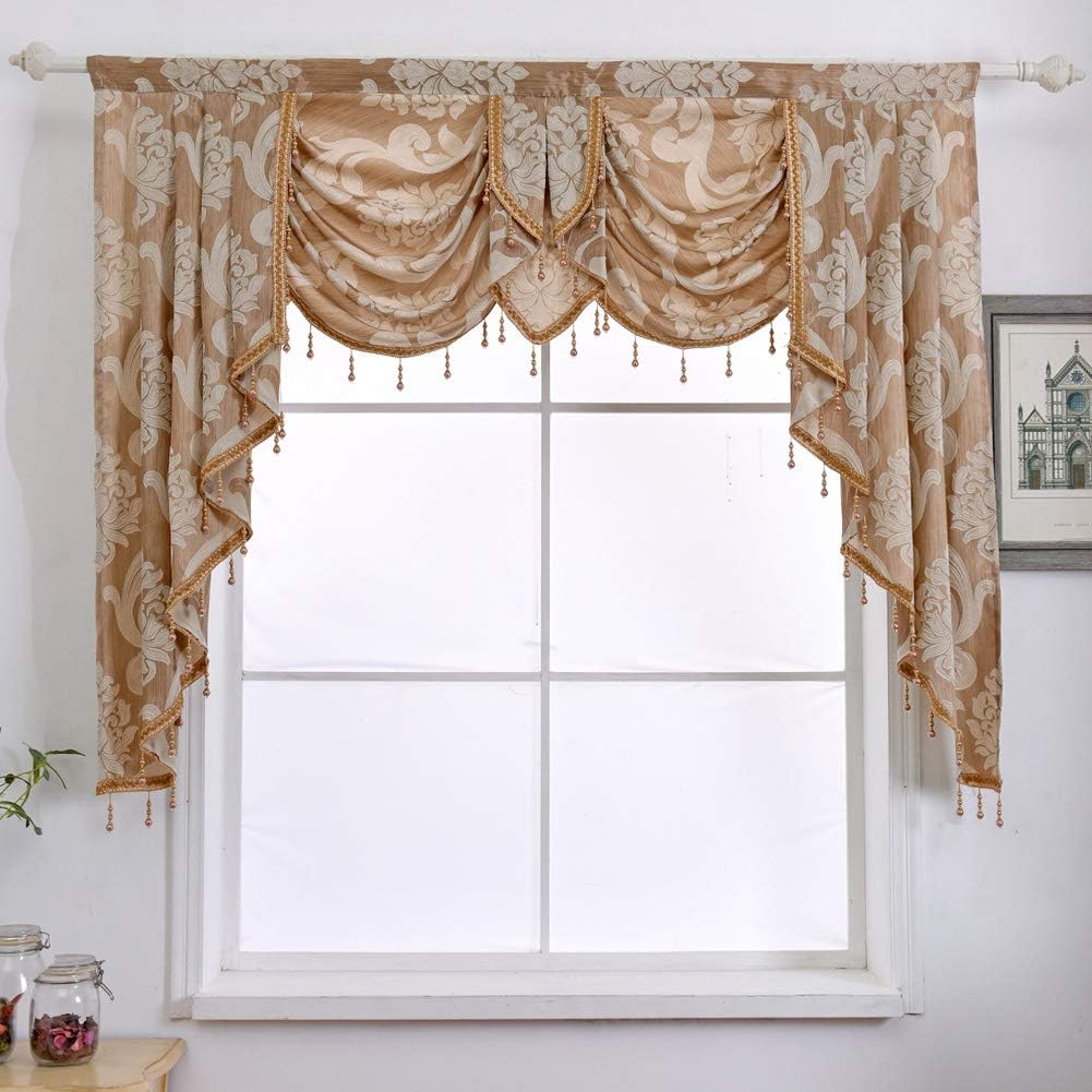 NAPEARL Jabot Curtains Valances and Swags-European Style Kitchen Window Valance, Luxury Jacquard Waterfall Valance Curtains for Living Room (1 Black Valance, 81-Inch Wide)