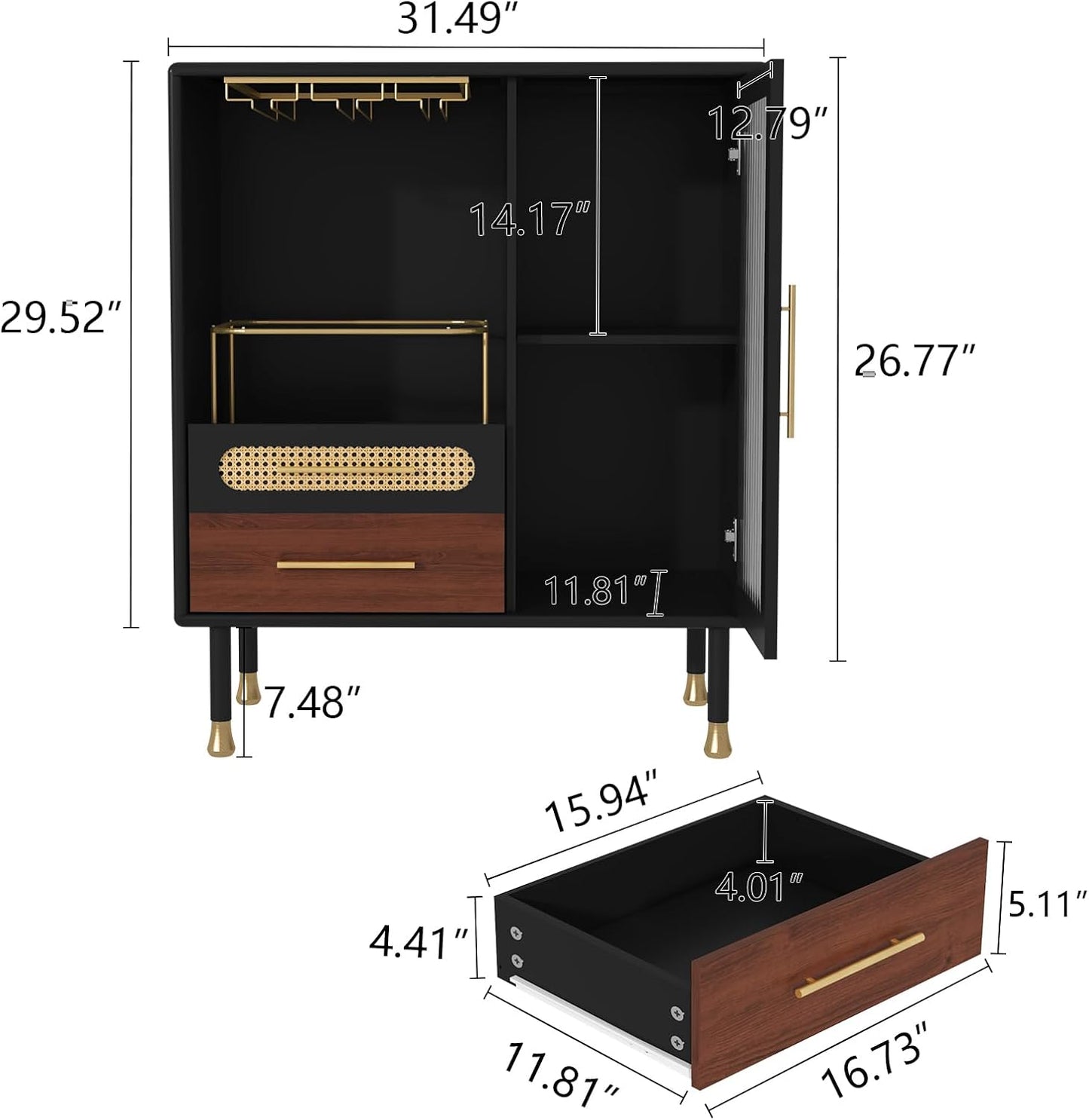 ARTPOWER Modern Coffee Bar Cabinet with Wine Glass Rack and Drawers, Black Liquor Cabinet with Pull-Out Wine Storage for Kitchen, Dining Room, Living Room