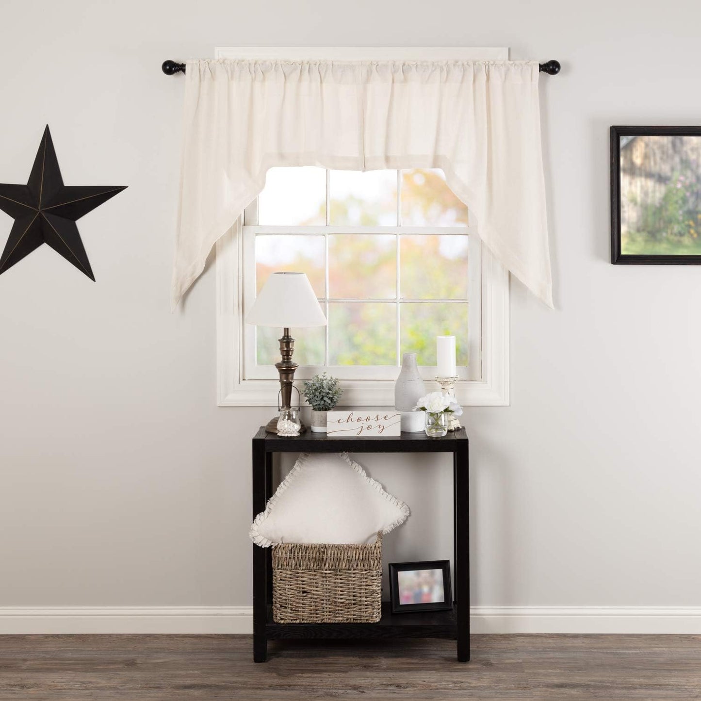 VHC Brands Black Check Scalloped Short Panel Set of 2 63x36 Country Curtains, Black and Tan