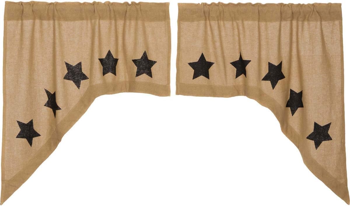 VHC Brands Black Check Scalloped Short Panel Set of 2 63x36 Country Curtains, Black and Tan