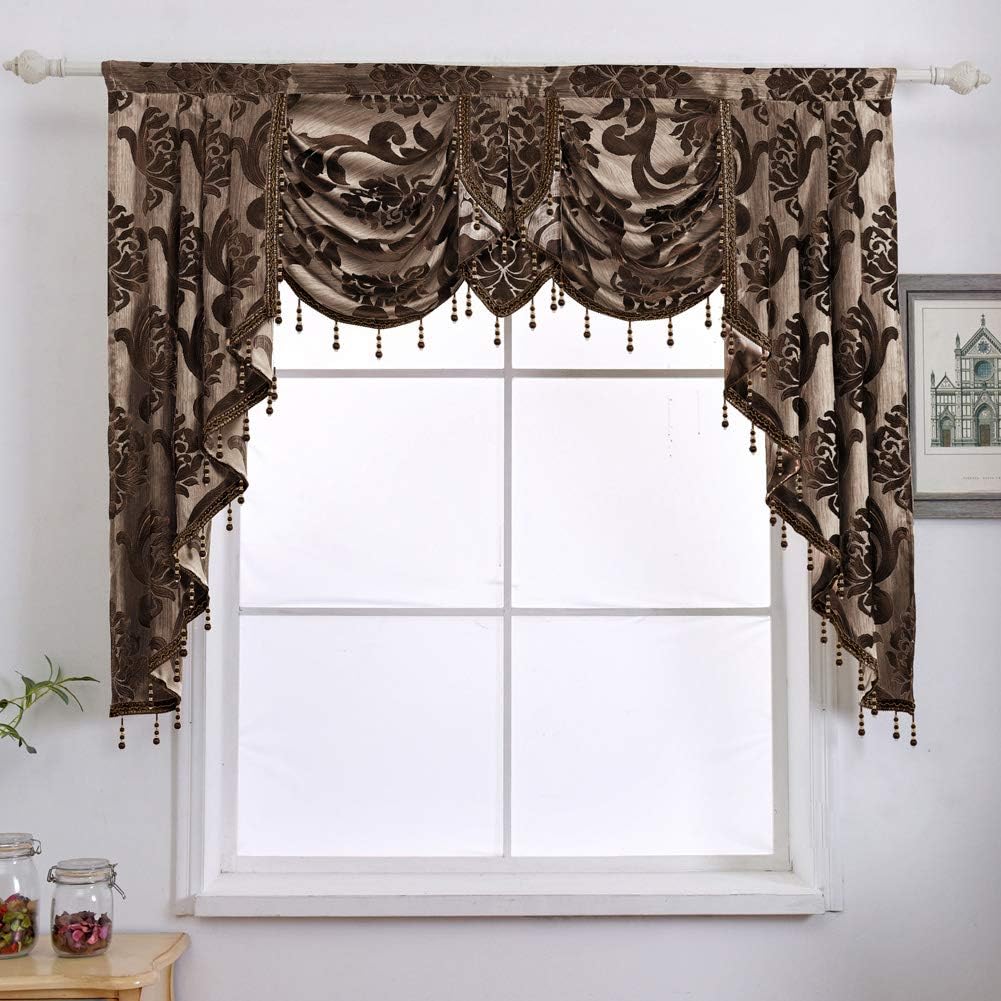 NAPEARL Jabot Curtains Valances and Swags-European Style Kitchen Window Valance, Luxury Jacquard Waterfall Valance Curtains for Living Room (1 Black Valance, 81-Inch Wide)