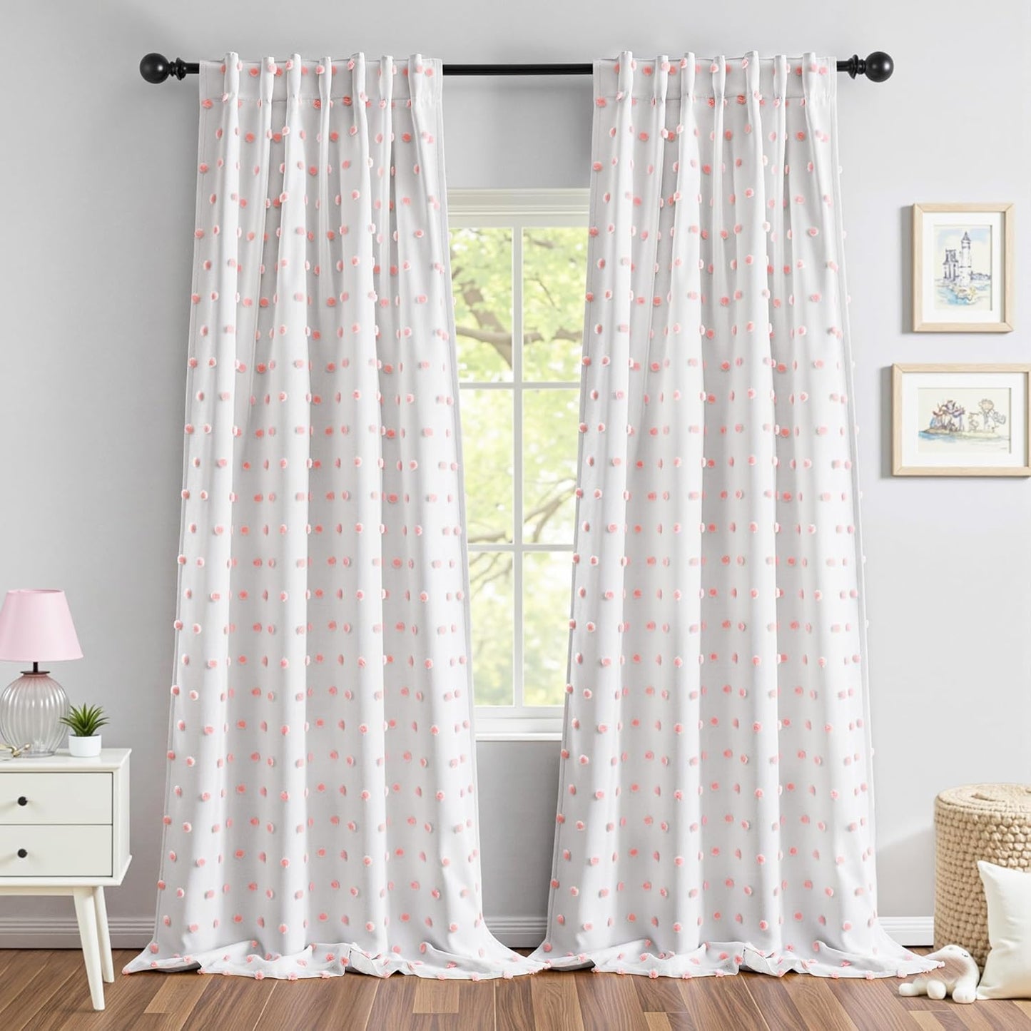 MYSKY HOME 100% Black Out Curtains for Bedroom White Blackout Curtain 63 Inches Long Thermal Insulated 2 Panels Short Kitchen Drapes with White Pom Pom Sheer Room Darkening Back Tab, 52 x 63 in