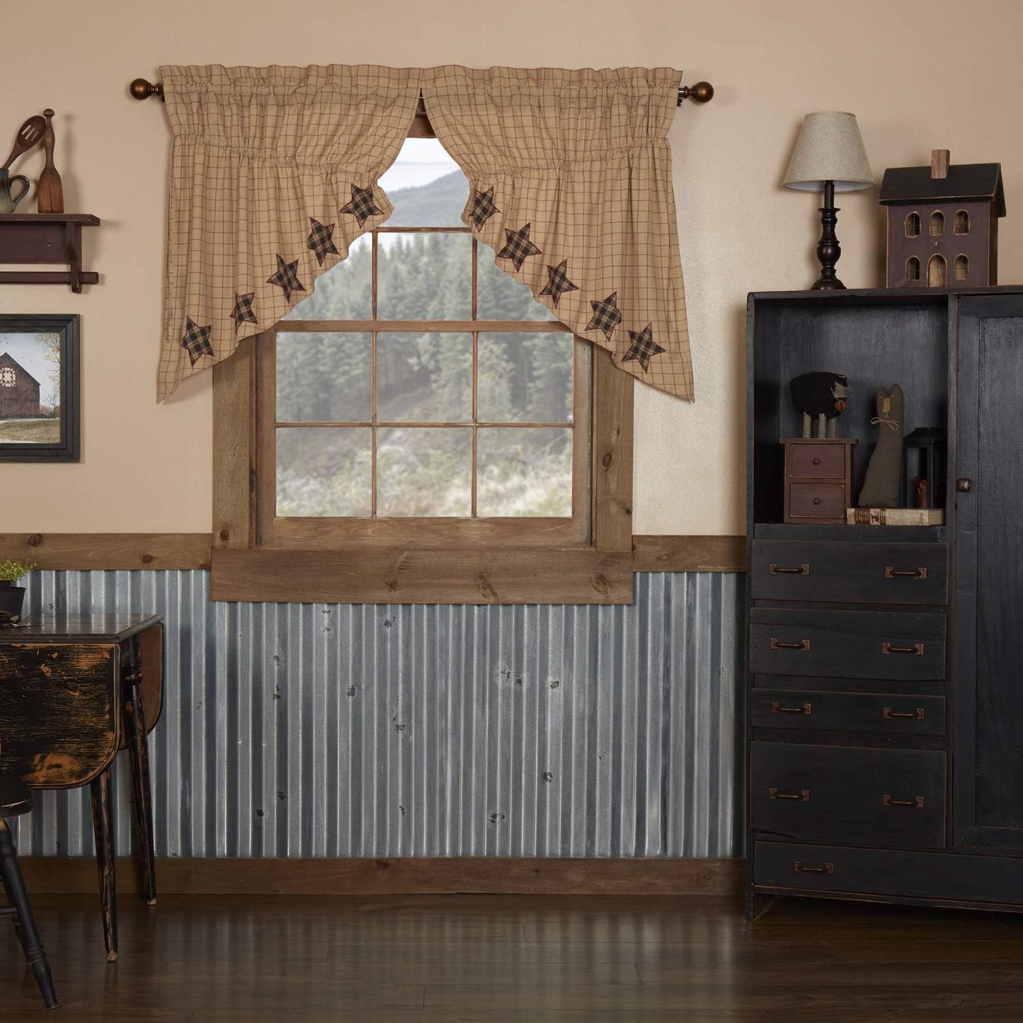 VHC Brands Black Check Scalloped Short Panel Set of 2 63x36 Country Curtains, Black and Tan