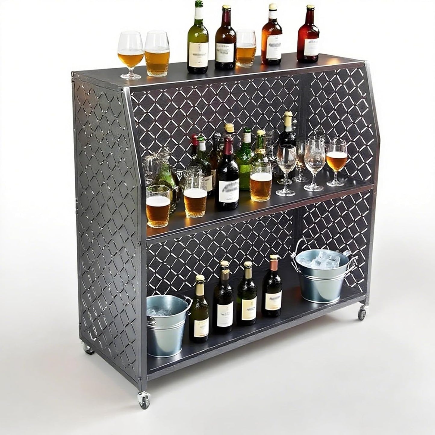 Portable Bar Table, 3-Tier Bar Cart with Wheels, Mobile Bartending Station for Events, Indoor and Outdoor, for Home、Party 、Wedding, Easy to Install