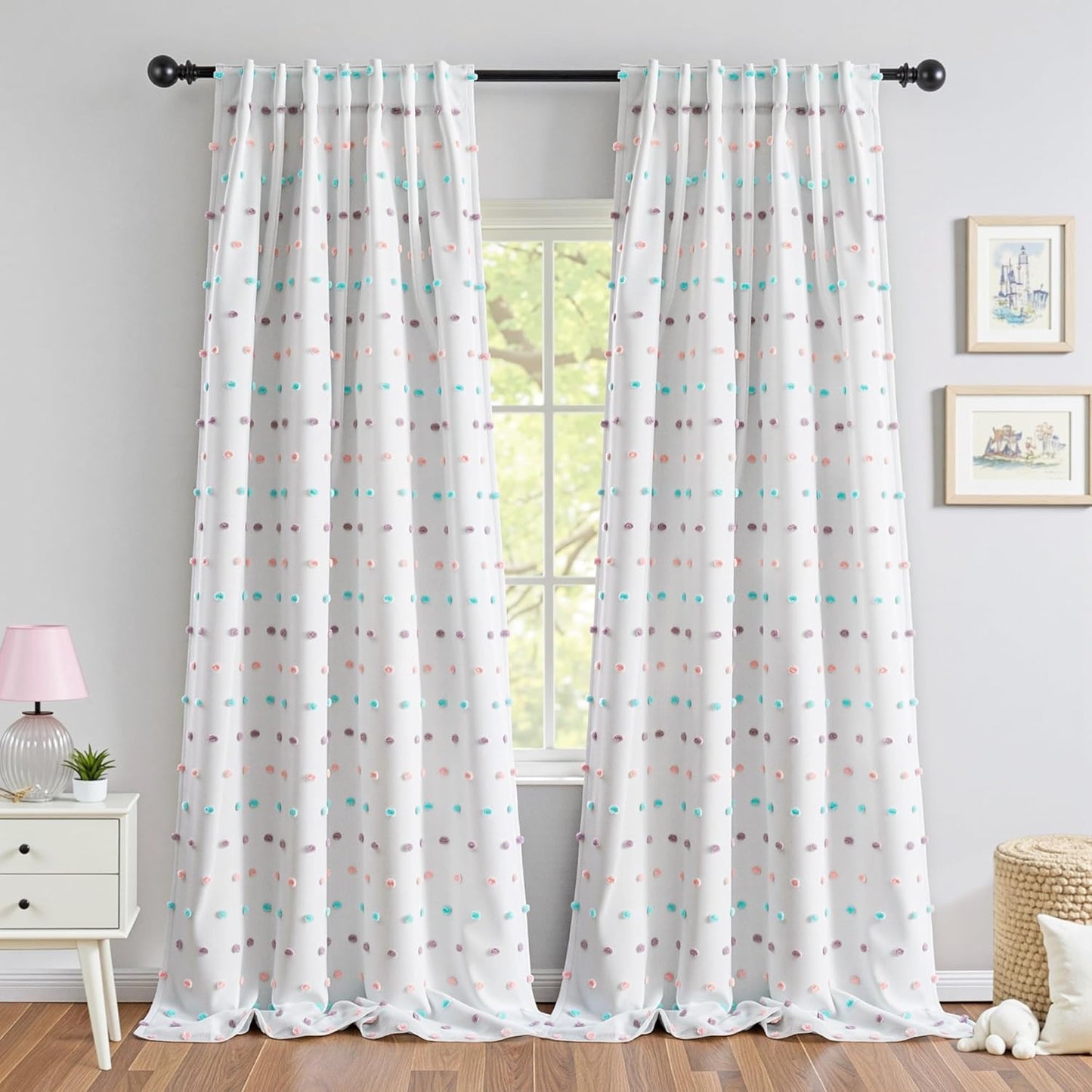 MYSKY HOME 100% Black Out Curtains for Bedroom White Blackout Curtain 63 Inches Long Thermal Insulated 2 Panels Short Kitchen Drapes with White Pom Pom Sheer Room Darkening Back Tab, 52 x 63 in