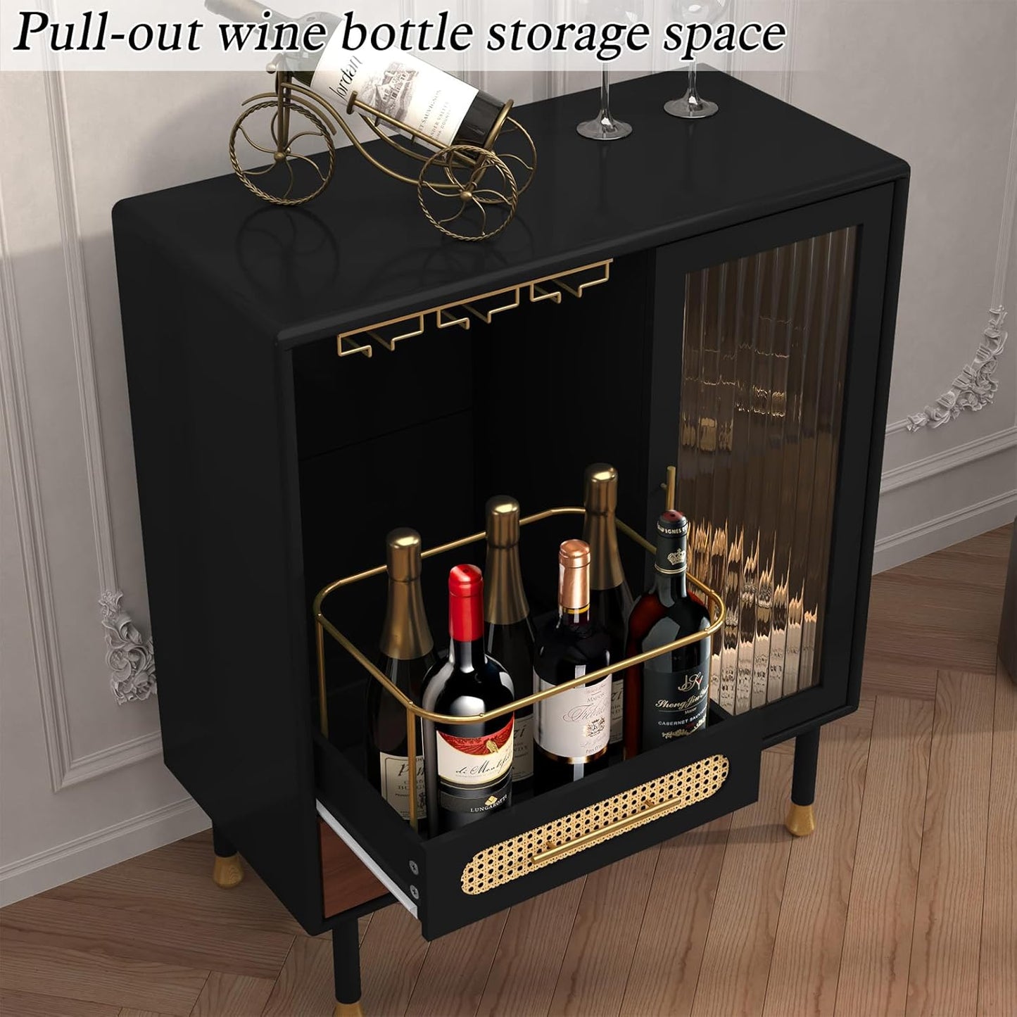 ARTPOWER Modern Coffee Bar Cabinet with Wine Glass Rack and Drawers, Black Liquor Cabinet with Pull-Out Wine Storage for Kitchen, Dining Room, Living Room