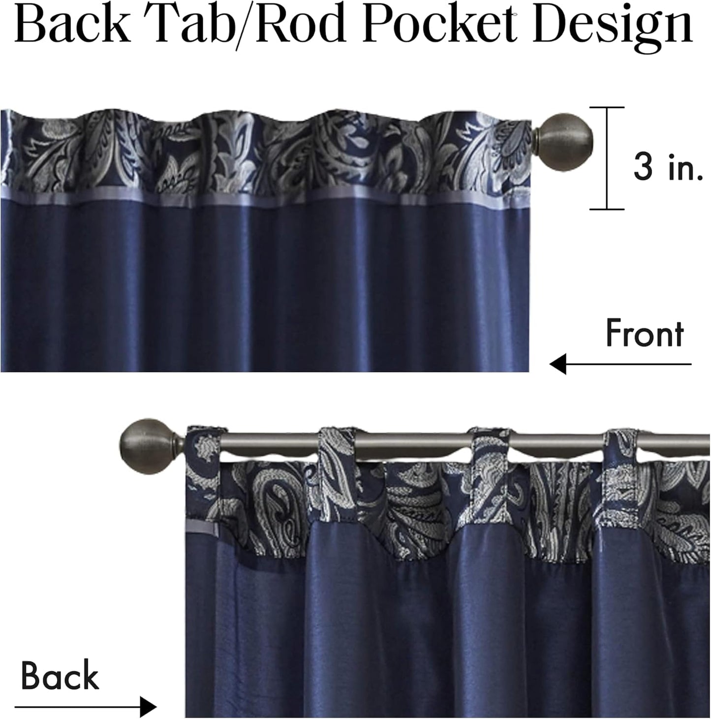 Madison Park Aubrey 2 Panel Curtain Faux Silk Paisley Jacquard, Rod Pocket Curtain For Living Room, Kitchen, Room Darkening Window Drape for Bedroom and Dorm, 2-PK 50x84", Navy