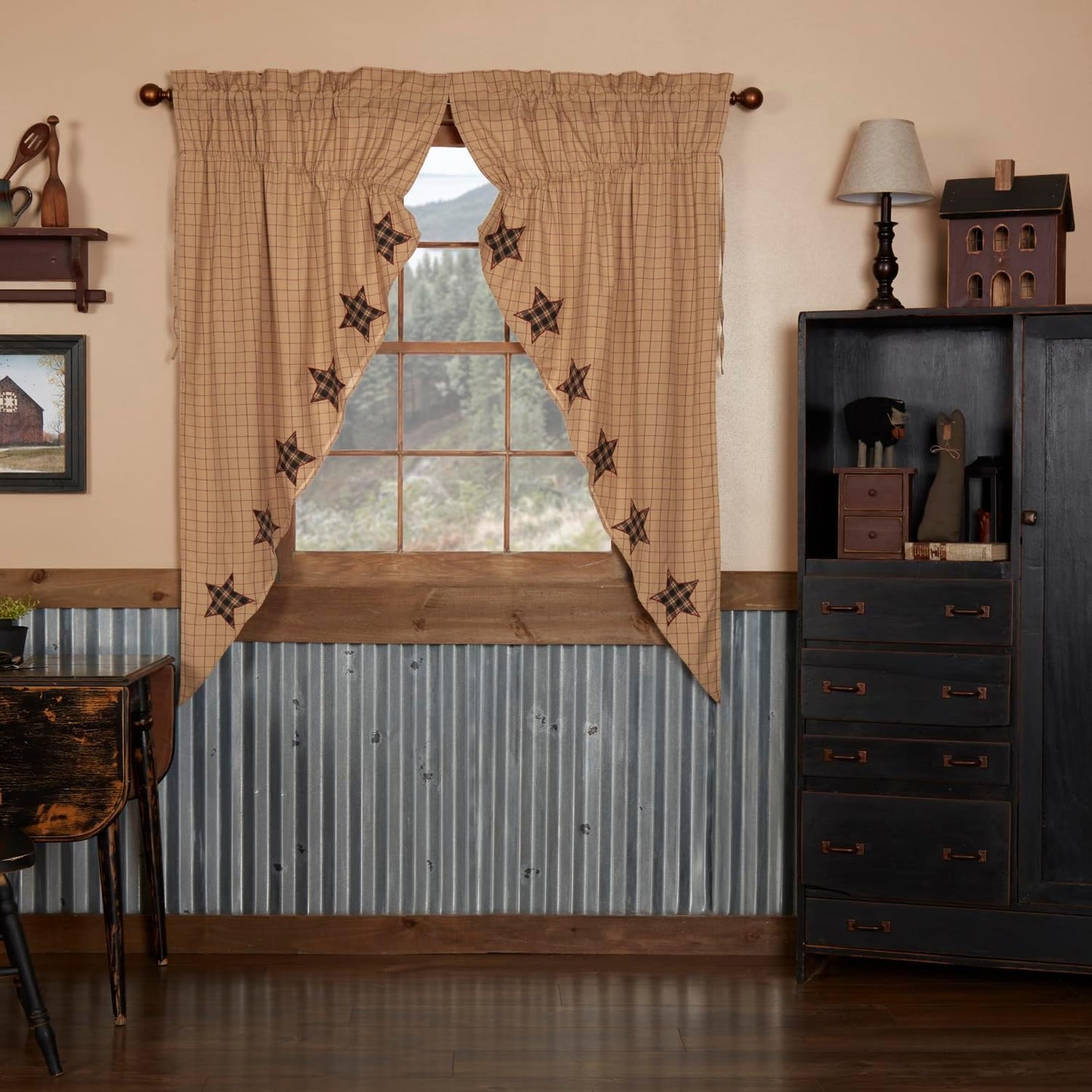 VHC Brands Black Check Scalloped Short Panel Set of 2 63x36 Country Curtains, Black and Tan