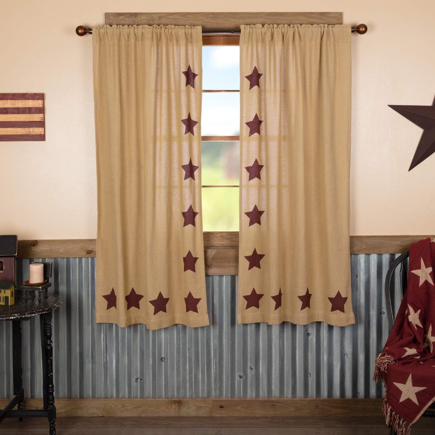 VHC Brands Black Check Scalloped Short Panel Set of 2 63x36 Country Curtains, Black and Tan