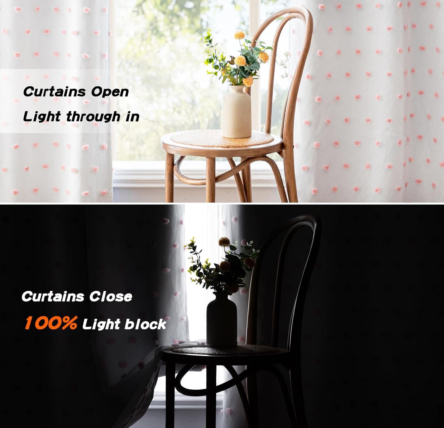 MYSKY HOME 100% Blackout Curtains for Nursery Thermal Insulated Pink Pom Pom Curtains 72 Inch Length for Girls Bedroom 2 Panels Grommet White Sheer Curtains for Kitchen Dining Room Door, 52W x 72L