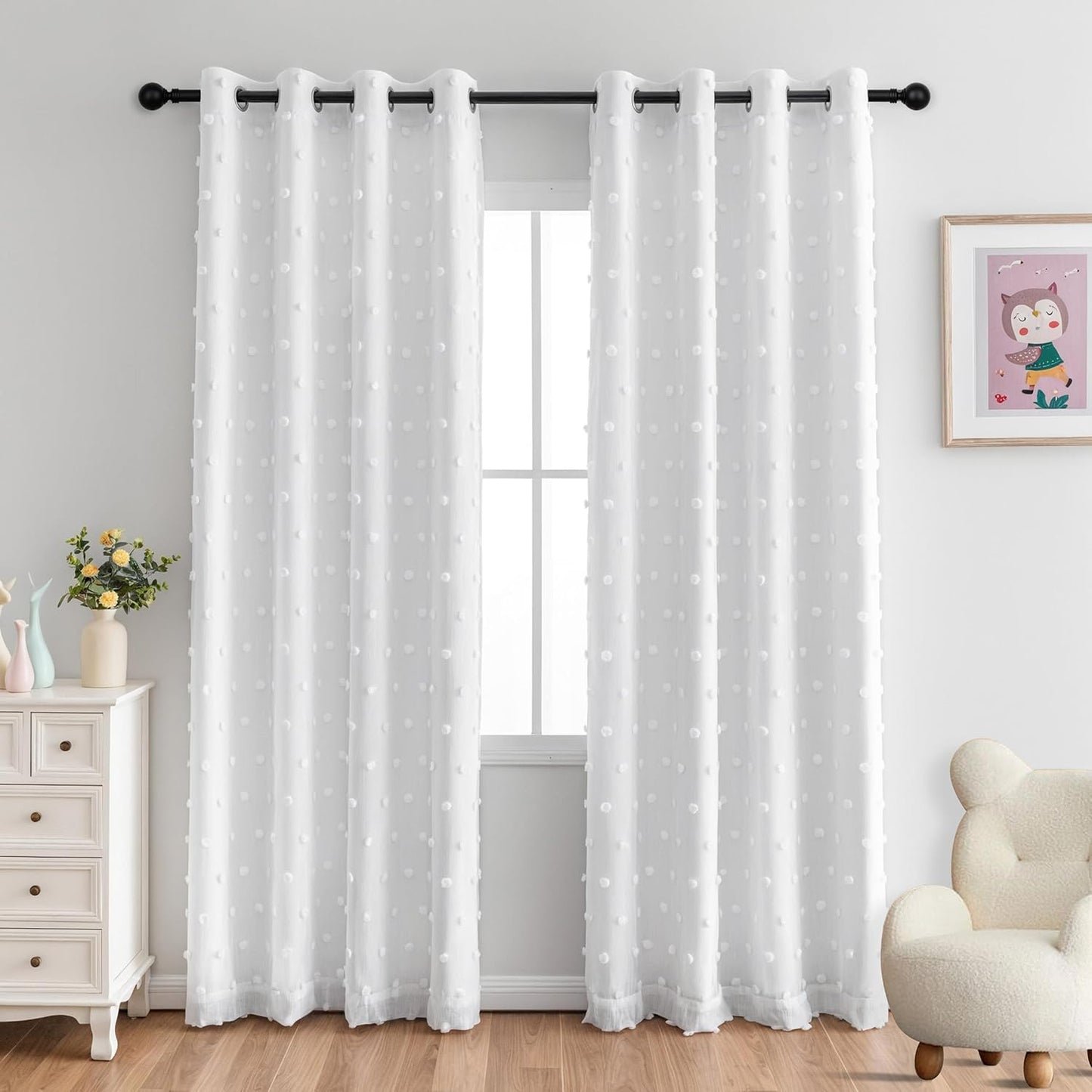 MYSKY HOME 100% Blackout Curtains for Nursery Thermal Insulated Pink Pom Pom Curtains 72 Inch Length for Girls Bedroom 2 Panels Grommet White Sheer Curtains for Kitchen Dining Room Door, 52W x 72L
