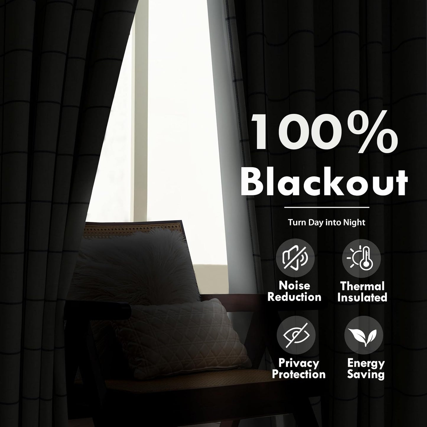 DriftAway 2 Panels 100% Blackout Windowpane Plaid Linen Curtains Double Layer Drapes for Bedroom 90 Inches Long Farmhouse Thermal Insulated 3.25 Inch Rod Pocket Back Tab for Living Room Black