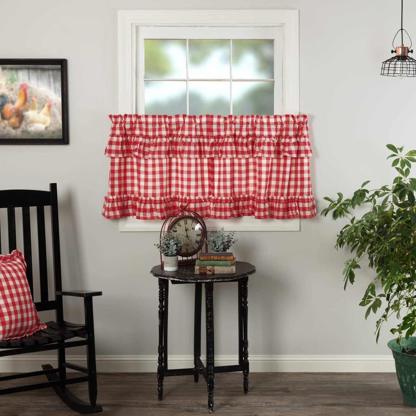 VHC Brands Annie Buffalo Check Cotton Farmhouse Kitchen Curtains Rod Pocket Hanging Loops Ruffling 36x36 Tier Pair, Red Country
