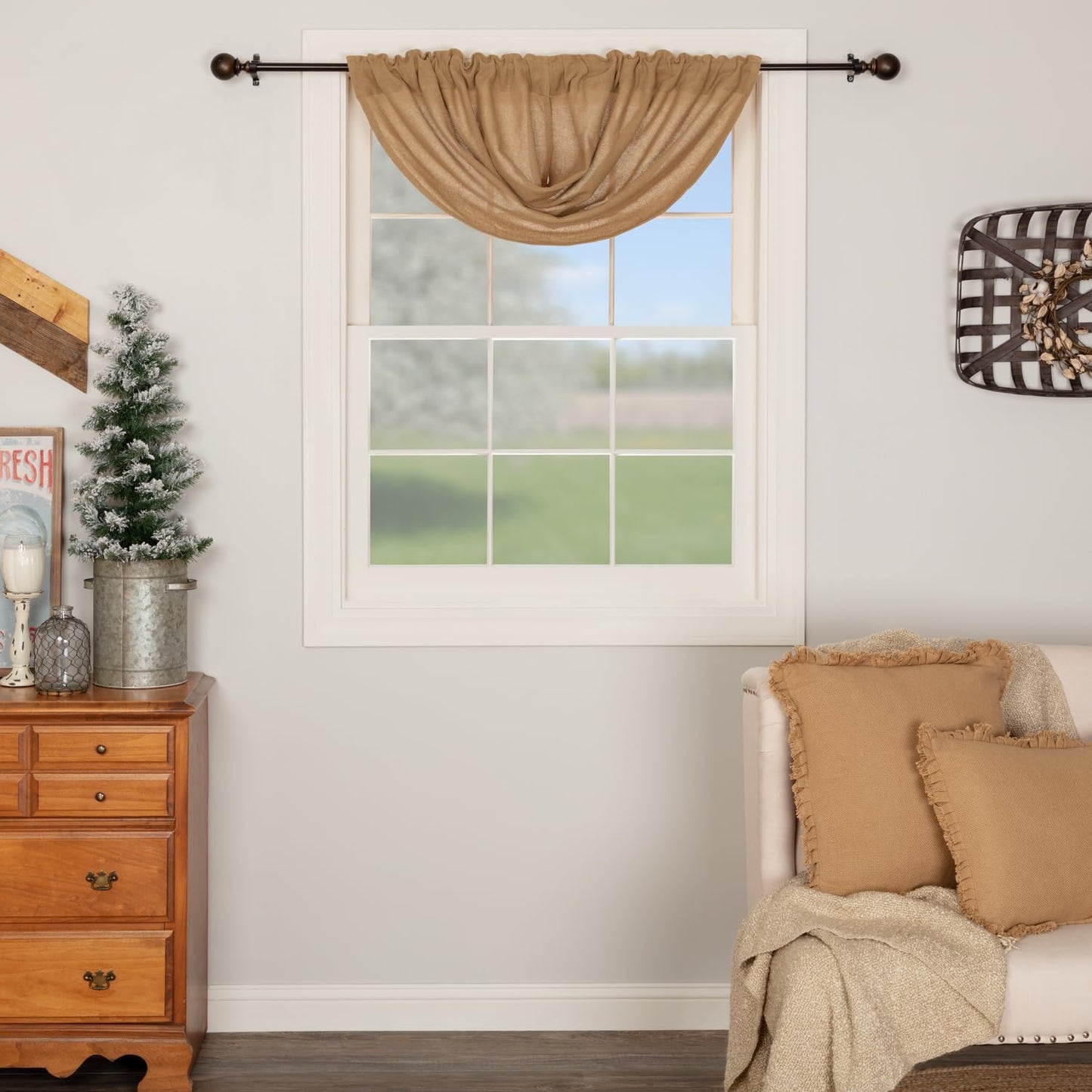 VHC Brands Black Check Scalloped Short Panel Set of 2 63x36 Country Curtains, Black and Tan