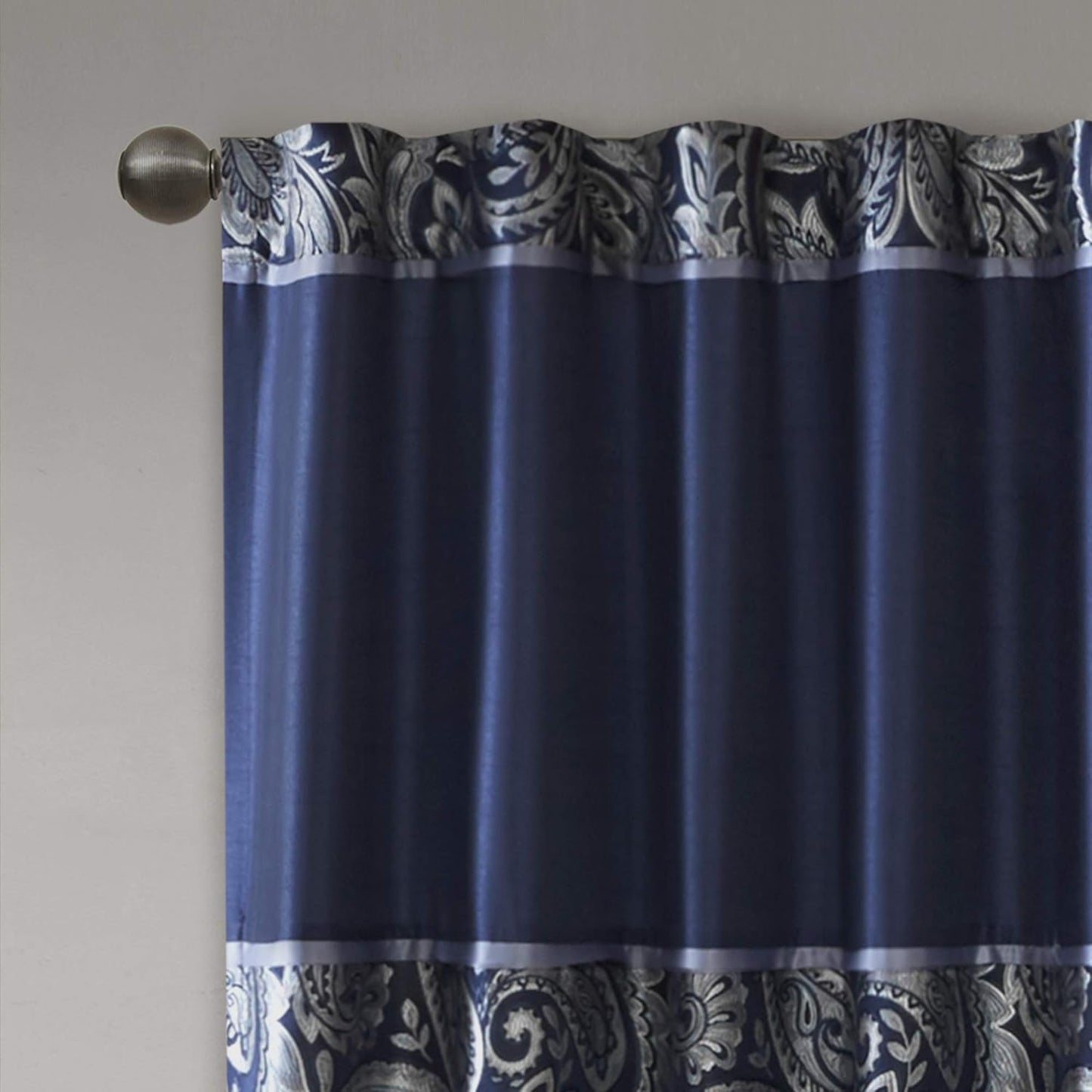 Madison Park Aubrey 2 Panel Curtain Faux Silk Paisley Jacquard, Rod Pocket Curtain For Living Room, Kitchen, Room Darkening Window Drape for Bedroom and Dorm, 2-PK 50x84", Navy