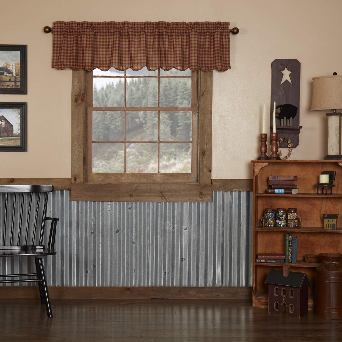 VHC Brands Black Check Scalloped Short Panel Set of 2 63x36 Country Curtains, Black and Tan