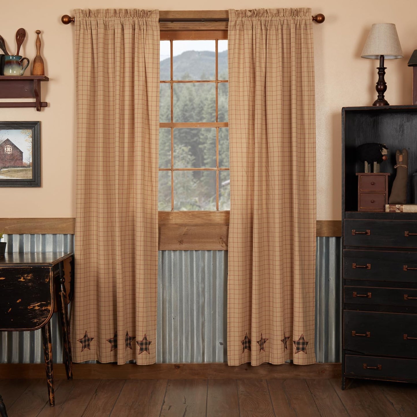 VHC Brands Black Check Scalloped Short Panel Set of 2 63x36 Country Curtains, Black and Tan