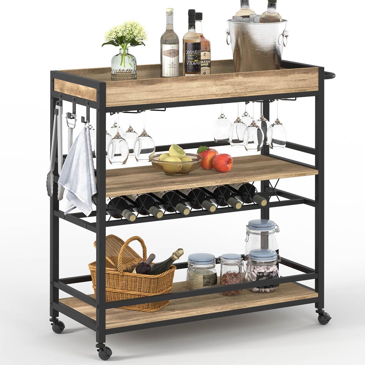 BON AUGURE Bar Cart for The Home, Rolling Home Bar Serving Cart on Wheels, 3 Tier Liquor Beverage Carts with Wine Rack and Glass Holder (Rustic Oak)