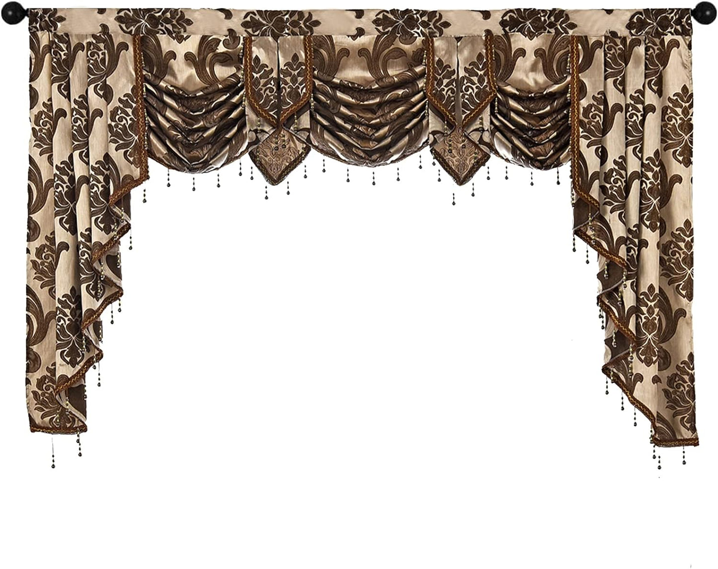 NAPEARL Jabot Curtains Valances and Swags-European Style Kitchen Window Valance, Luxury Jacquard Waterfall Valance Curtains for Living Room (1 Black Valance, 81-Inch Wide)
