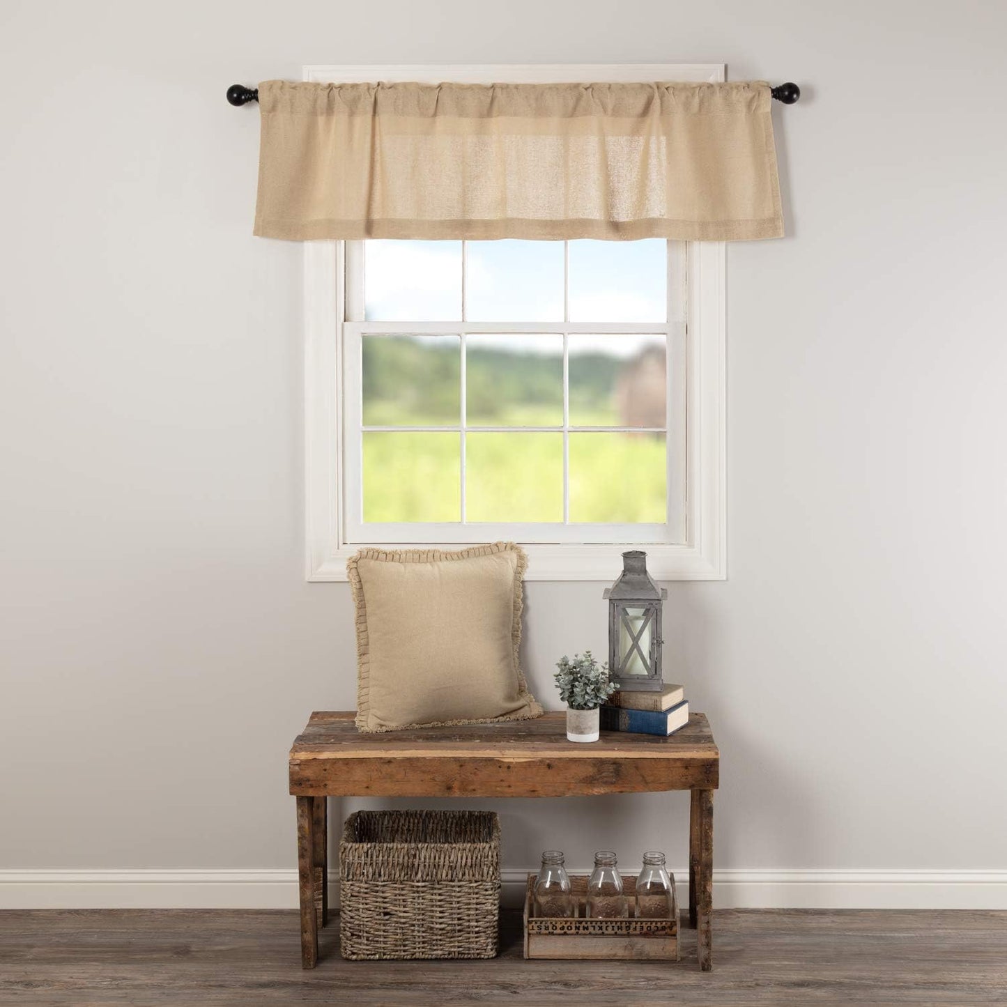 VHC Brands Black Check Scalloped Short Panel Set of 2 63x36 Country Curtains, Black and Tan