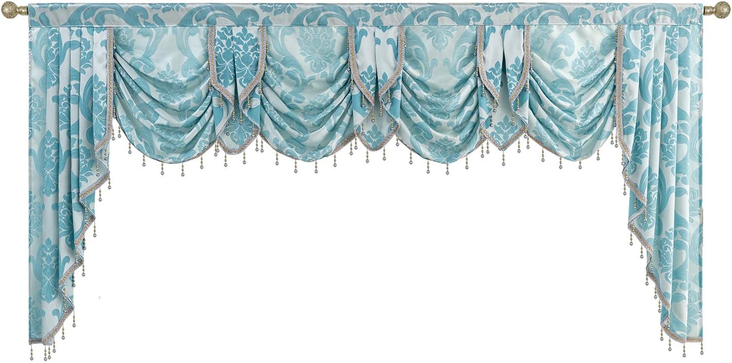 NAPEARL Jabot Curtains Valances and Swags-European Style Kitchen Window Valance, Luxury Jacquard Waterfall Valance Curtains for Living Room (1 Black Valance, 81-Inch Wide)