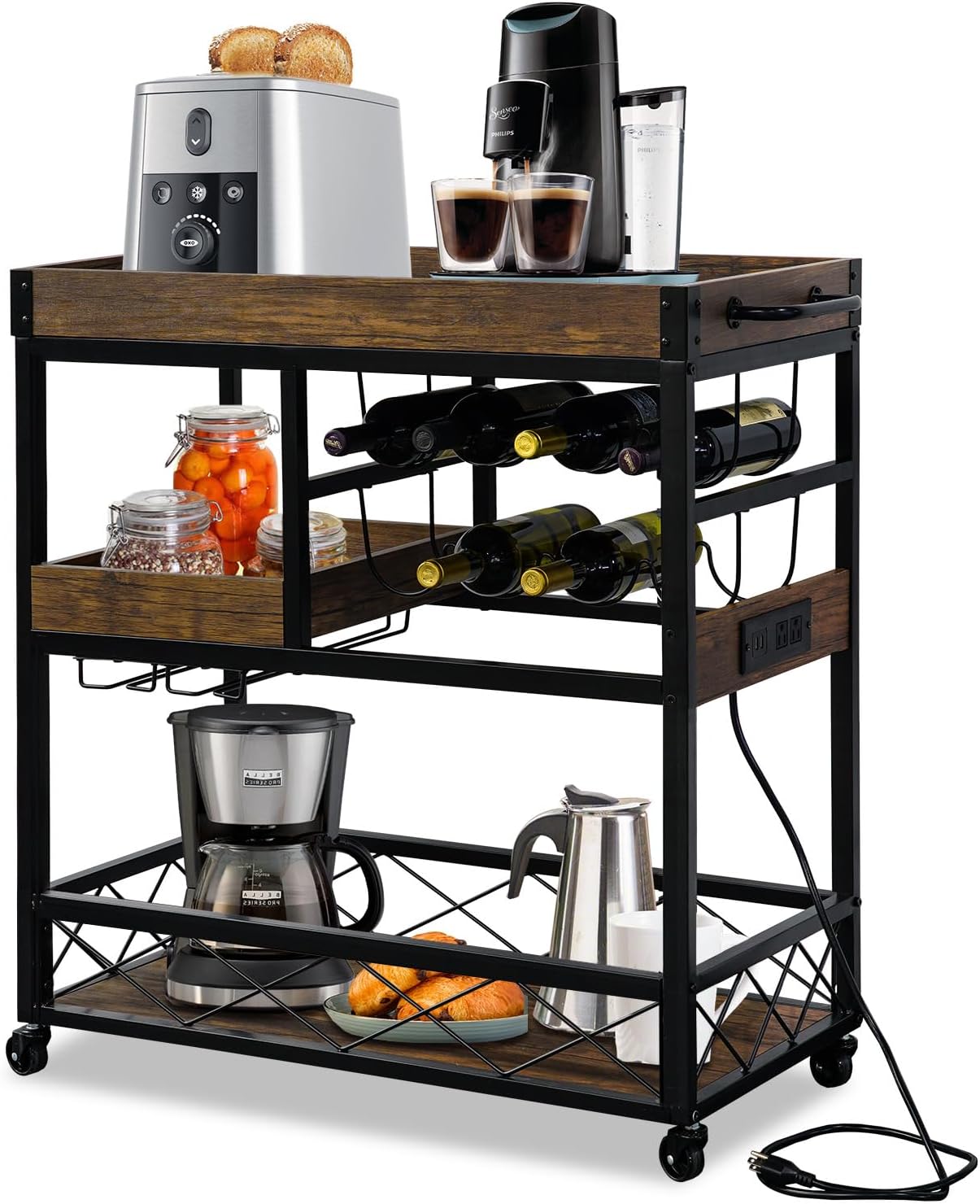 Bar Cart Industrial Kitchen Serving Carts for Home 3 Tier Storage Trolley with Wine Rack Glasses Holder Two Portable Trays Universal Casters with Brakes Rustic Rolling Cart Alcoholic Beverage