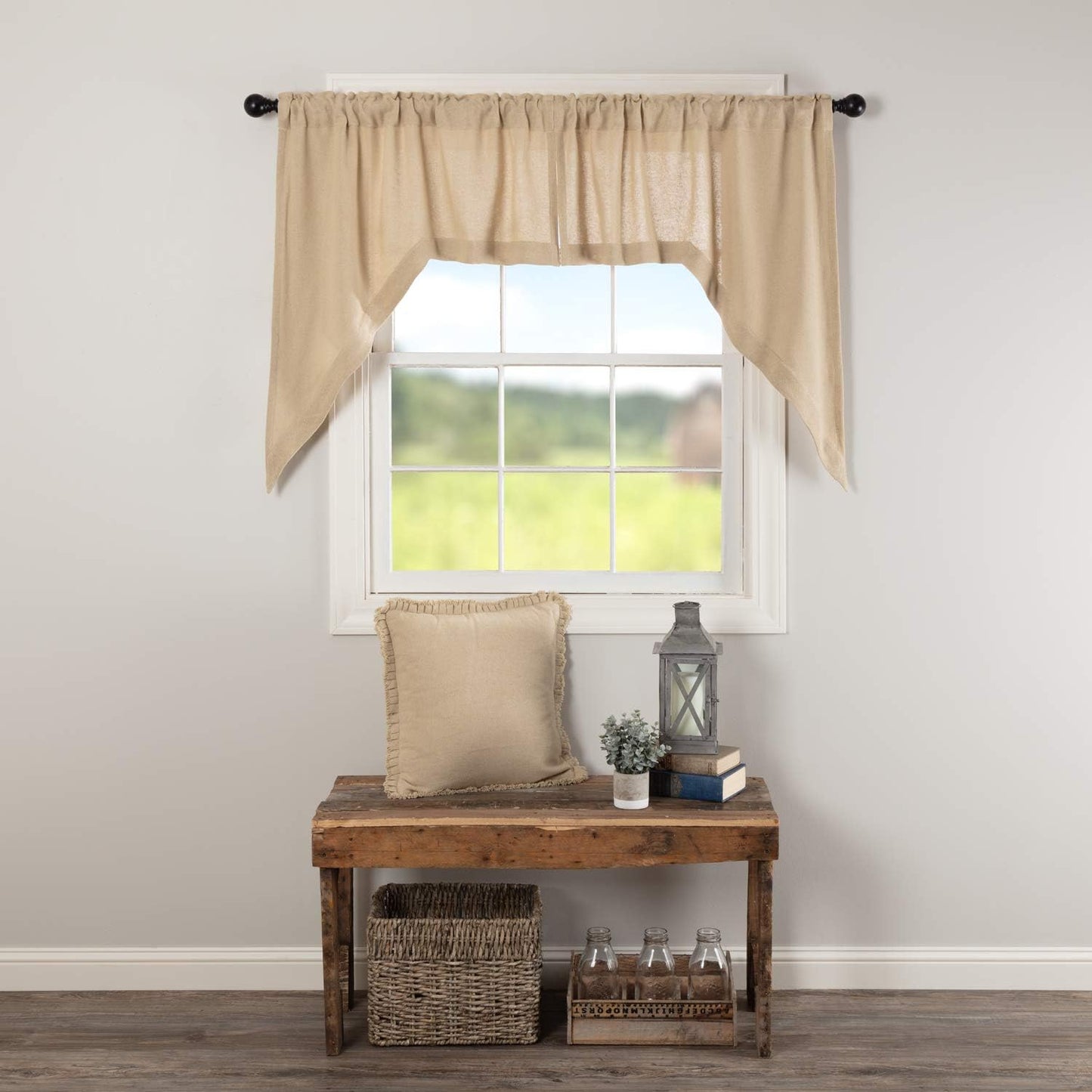 VHC Brands Black Check Scalloped Short Panel Set of 2 63x36 Country Curtains, Black and Tan