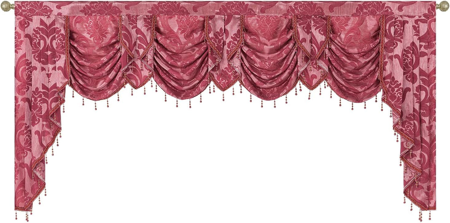 NAPEARL Jabot Curtains Valances and Swags-European Style Kitchen Window Valance, Luxury Jacquard Waterfall Valance Curtains for Living Room (1 Black Valance, 81-Inch Wide)