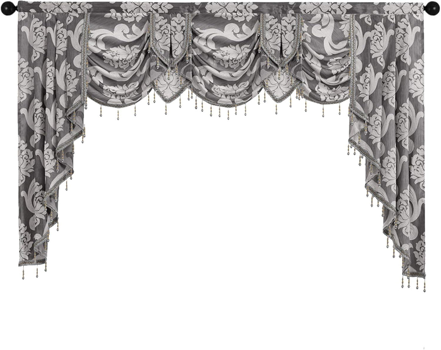 NAPEARL Jabot Curtains Valances and Swags-European Style Kitchen Window Valance, Luxury Jacquard Waterfall Valance Curtains for Living Room (1 Black Valance, 81-Inch Wide)