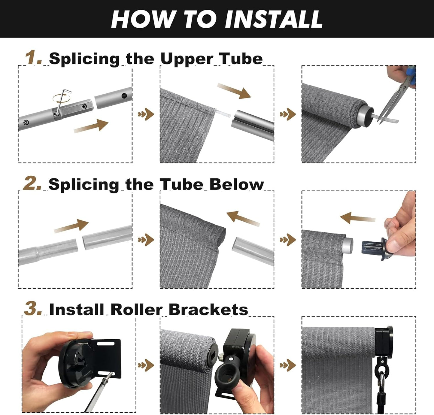 Artpuch Outdoor Roller Shade 8' W x 8' H, Gray Exterior Cordless Patio Shades Roll Up Blinds with Splicing Design, 2 Poles and 1 Piece Fabric