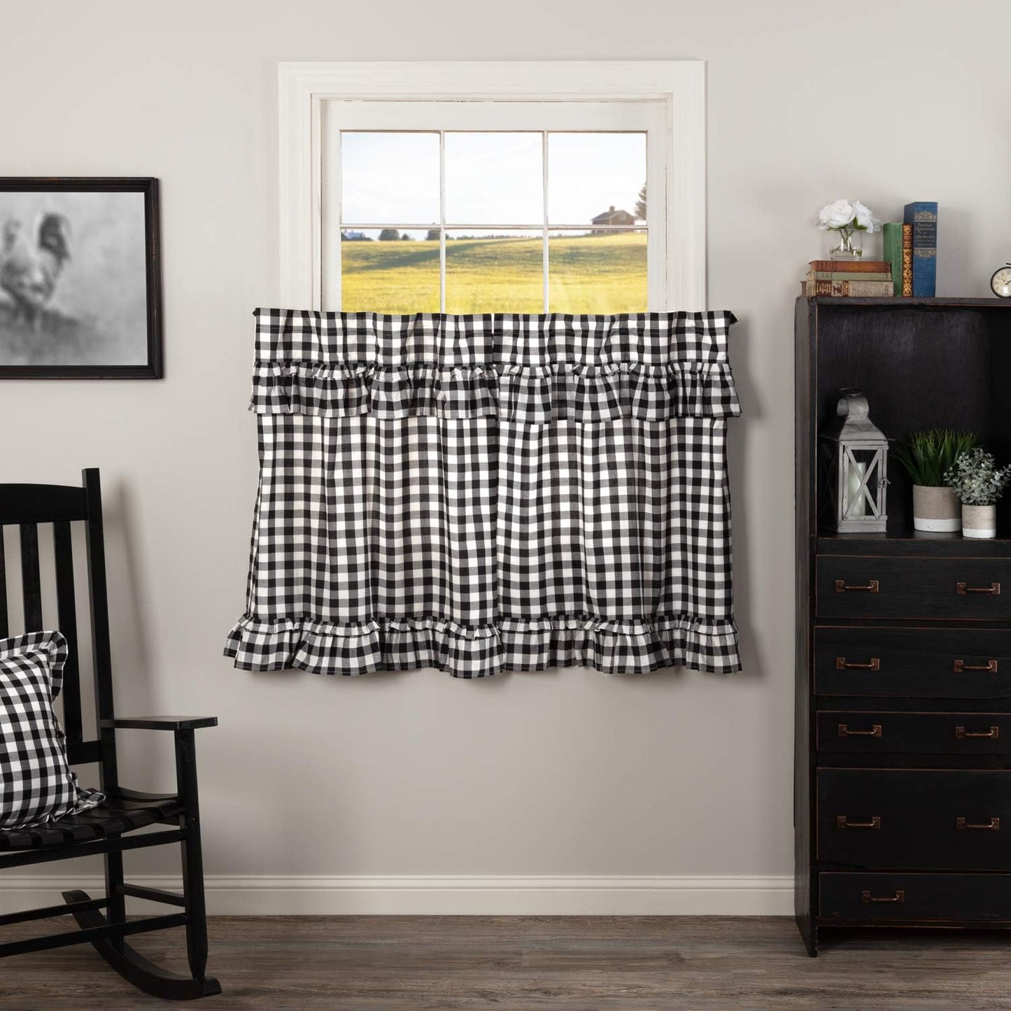 VHC Brands Annie Buffalo Check Cotton Farmhouse Kitchen Curtains Rod Pocket Hanging Loops Ruffling 36x36 Tier Pair, Red Country