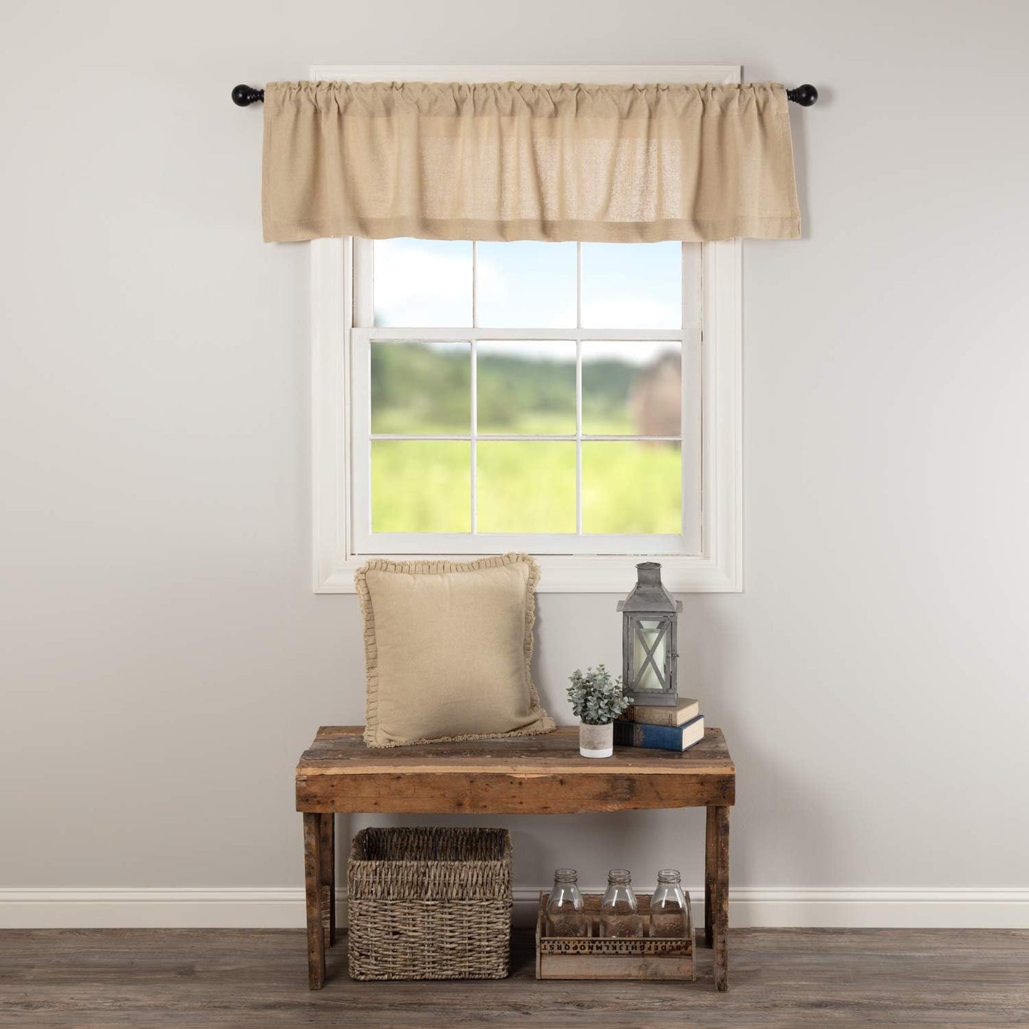 VHC Brands Black Check Scalloped Short Panel Set of 2 63x36 Country Curtains, Black and Tan