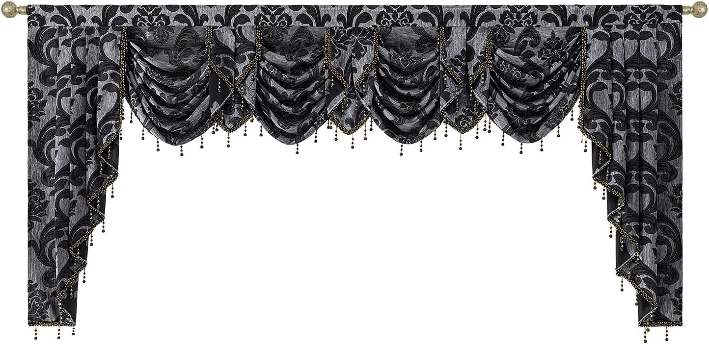 NAPEARL Jabot Curtains Valances and Swags-European Style Kitchen Window Valance, Luxury Jacquard Waterfall Valance Curtains for Living Room (1 Black Valance, 81-Inch Wide)
