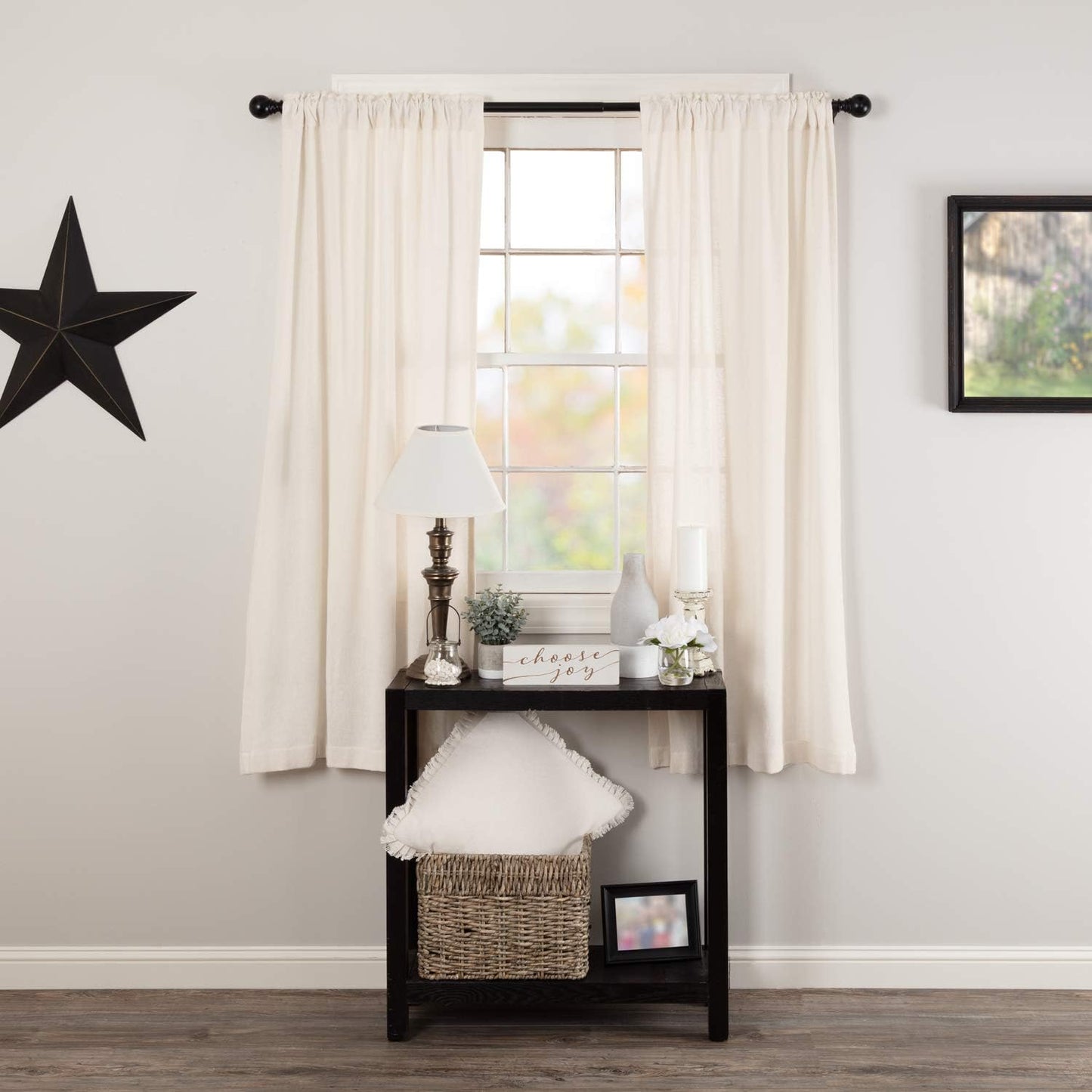 VHC Brands Black Check Scalloped Short Panel Set of 2 63x36 Country Curtains, Black and Tan