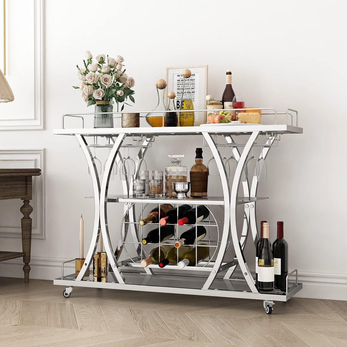 Gold Bar Carts with Glass Holders & Wine Rack,3 Tier Home Bar Serving Carts with Glass Shelves,Metal Rolling Bar Carts for The Home Kitchen, Party