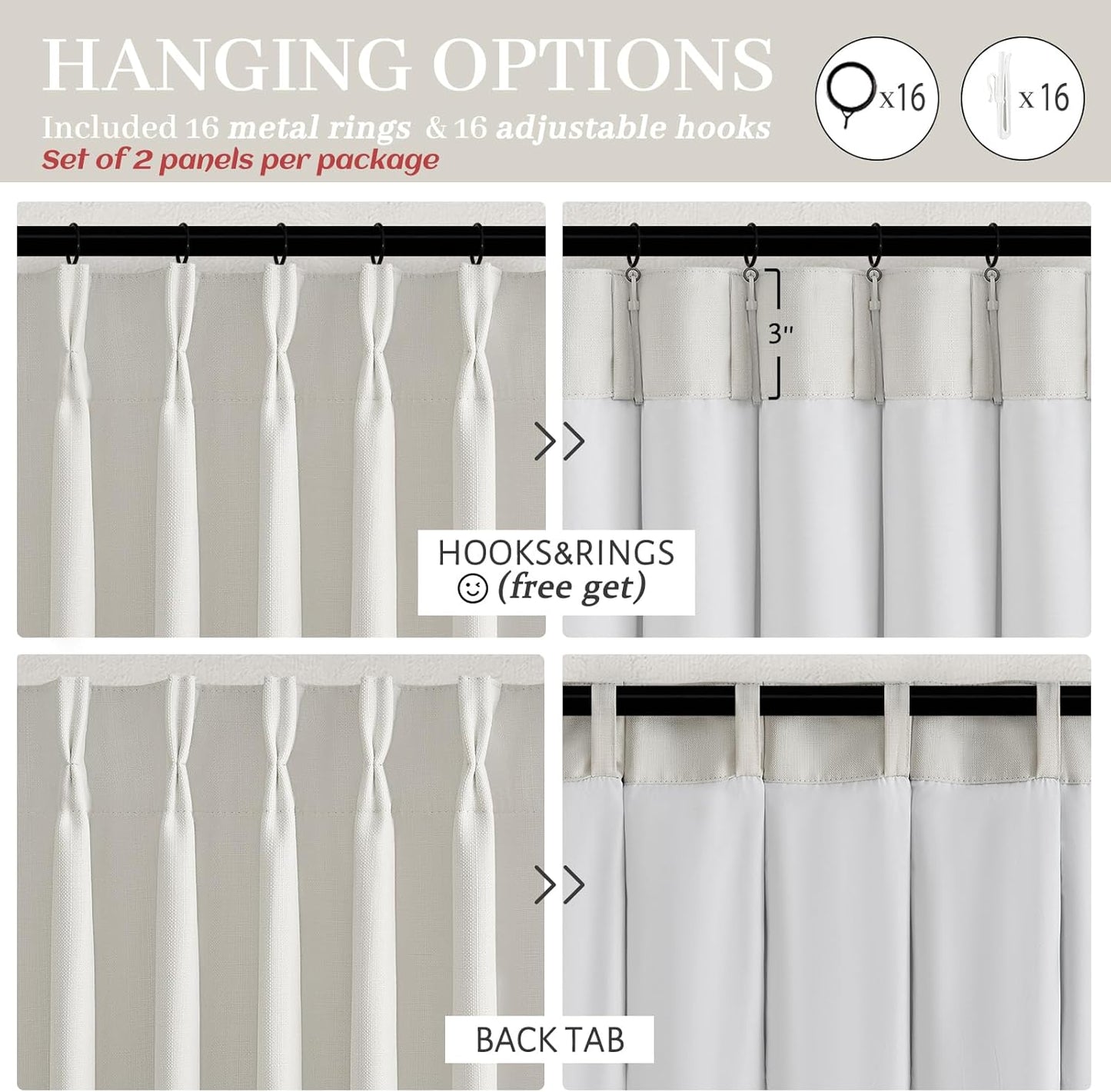 Pinch Pleated Off Beige White Mini Curtains 63 Inch Length 2 Panels Set for Kitchen Windows, Cute Blackout Two Layer Thick Linen Blend Light Blocking Drapes Back Tab for Laundry Room 63 Inches Curtain