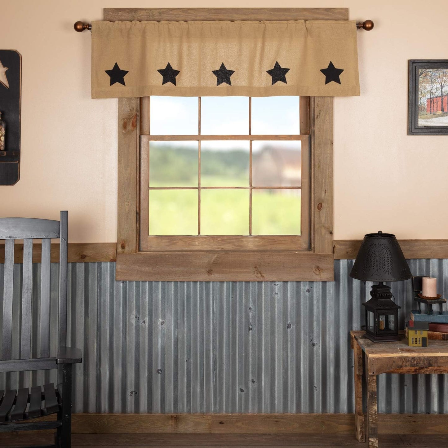 VHC Brands Black Check Scalloped Short Panel Set of 2 63x36 Country Curtains, Black and Tan