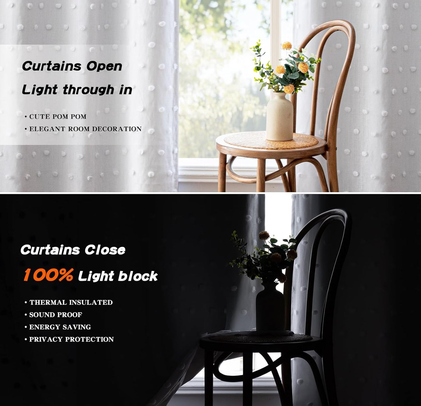 MYSKY HOME 100% Black Out Curtains for Bedroom White Blackout Curtain 63 Inches Long Thermal Insulated 2 Panels Short Kitchen Drapes with White Pom Pom Sheer Room Darkening Back Tab, 52 x 63 in