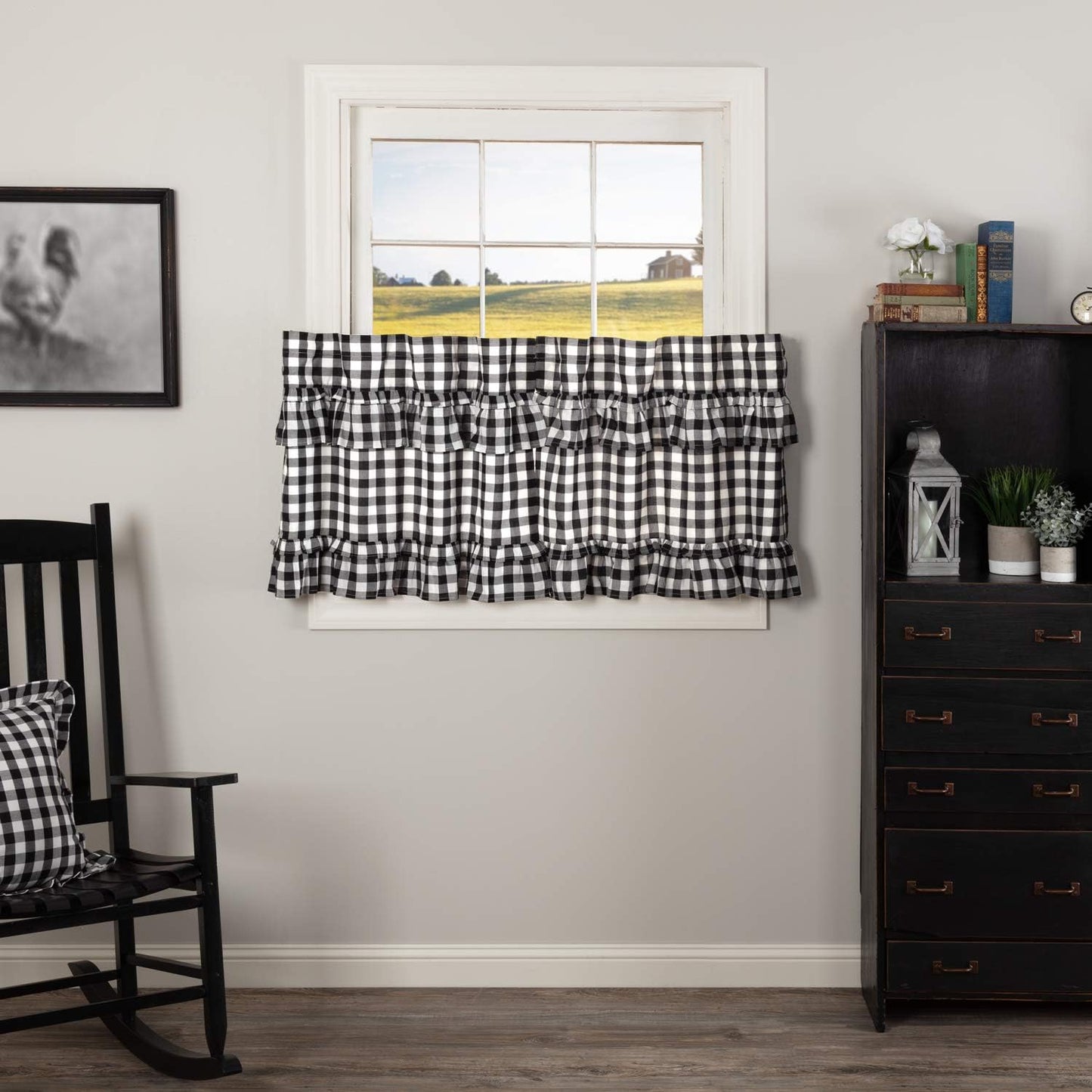 VHC Brands Annie Buffalo Check Cotton Farmhouse Kitchen Curtains Rod Pocket Hanging Loops Ruffling 36x36 Tier Pair, Red Country
