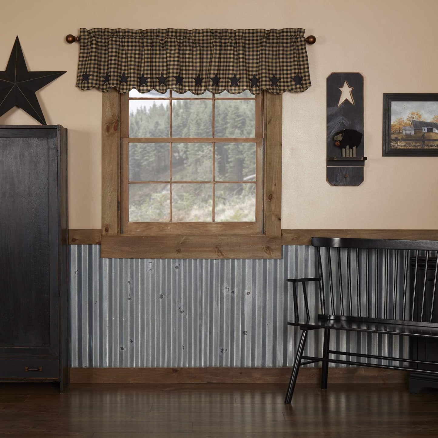VHC Brands Black Check Scalloped Short Panel Set of 2 63x36 Country Curtains, Black and Tan