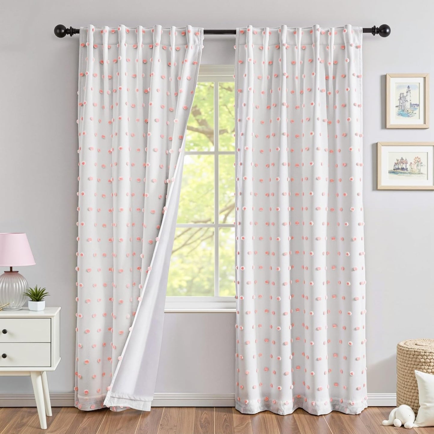 MYSKY HOME 100% Black Out Curtains for Bedroom White Blackout Curtain 63 Inches Long Thermal Insulated 2 Panels Short Kitchen Drapes with White Pom Pom Sheer Room Darkening Back Tab, 52 x 63 in