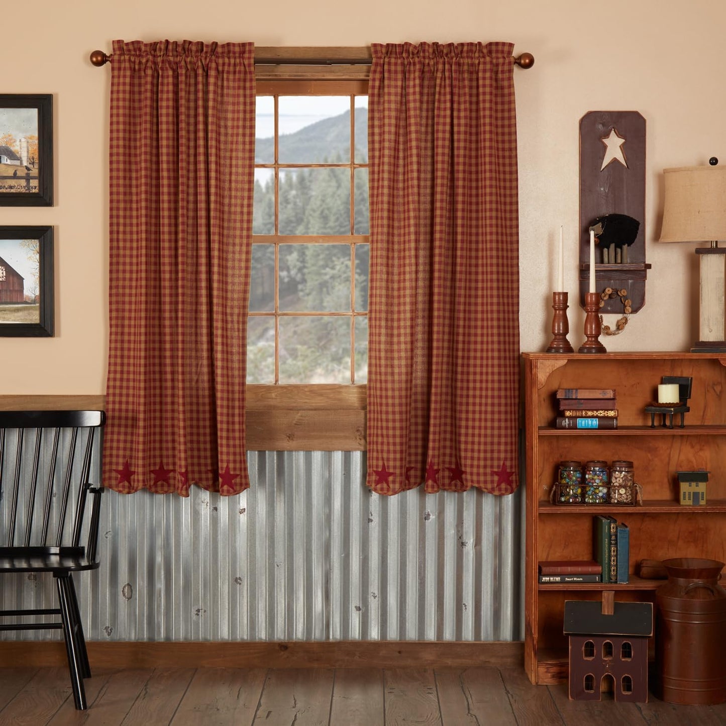 VHC Brands Black Check Scalloped Short Panel Set of 2 63x36 Country Curtains, Black and Tan