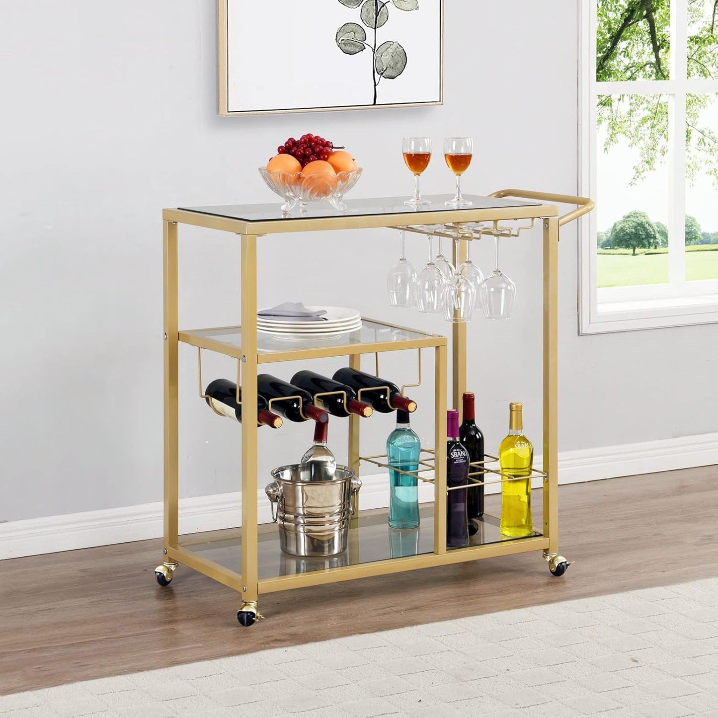Gold Bar Carts with Glass Holders & Wine Rack,3 Tier Home Bar Serving Carts with Glass Shelves,Metal Rolling Bar Carts for The Home Kitchen, Party