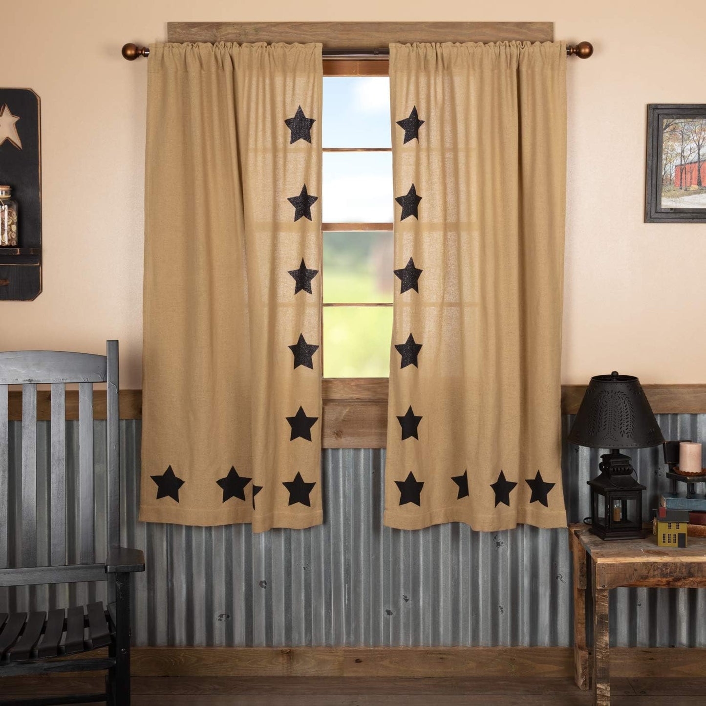 VHC Brands Black Check Scalloped Short Panel Set of 2 63x36 Country Curtains, Black and Tan
