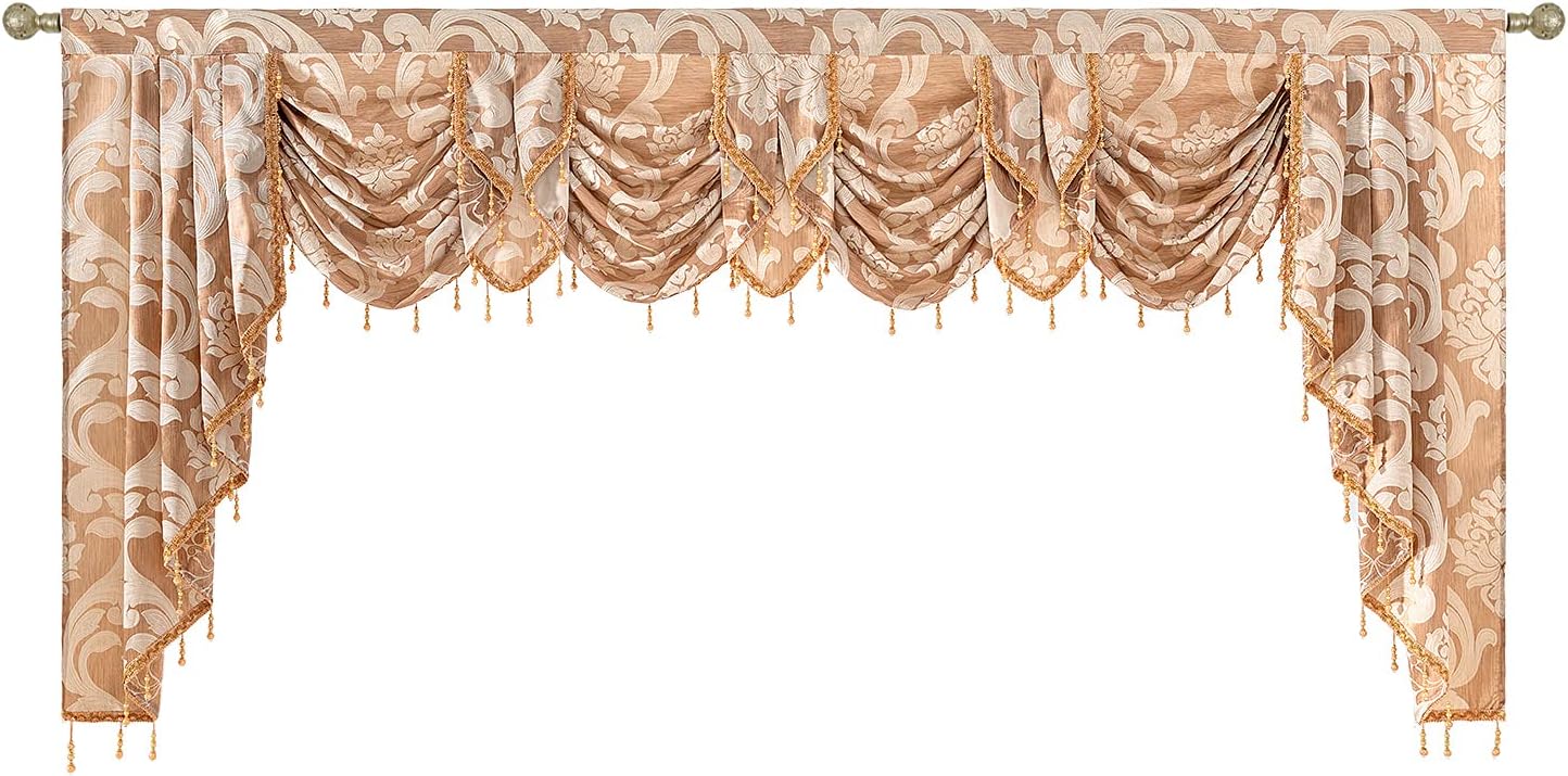 NAPEARL Jabot Curtains Valances and Swags-European Style Kitchen Window Valance, Luxury Jacquard Waterfall Valance Curtains for Living Room (1 Black Valance, 81-Inch Wide)