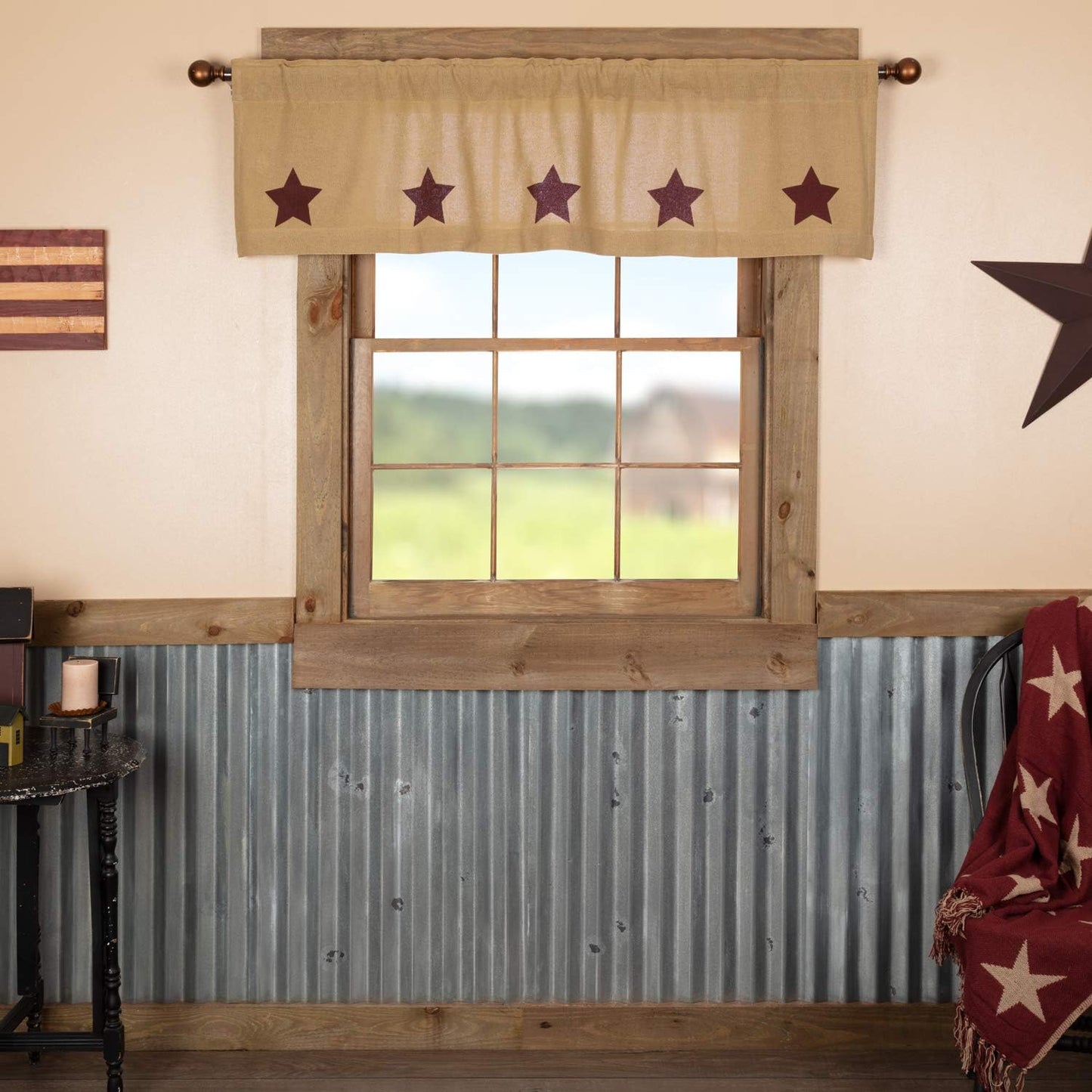 VHC Brands Black Check Scalloped Short Panel Set of 2 63x36 Country Curtains, Black and Tan