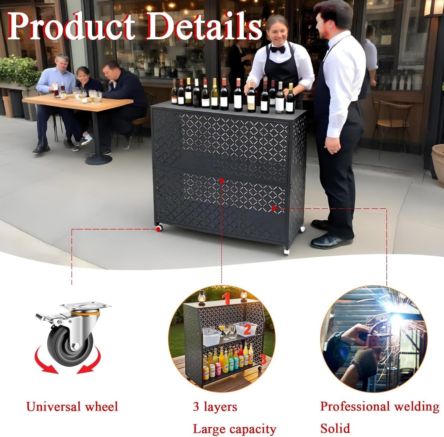 Portable Bar Table, 3-Tier Bar Cart with Wheels, Mobile Bartending Station for Events, Indoor and Outdoor, for Home、Party 、Wedding, Easy to Install