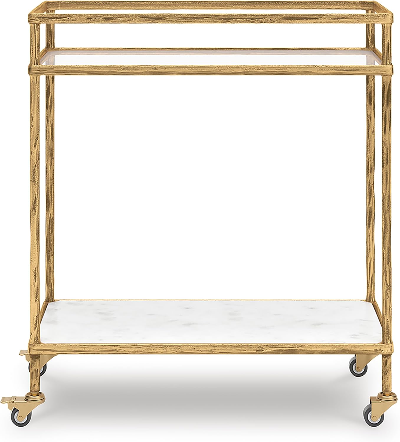Signature Design by Ashley Plattfield Casual Antiqued 2-Tier Bar Cart with Casters, for Kitchen and Dining Room, Metallic & White