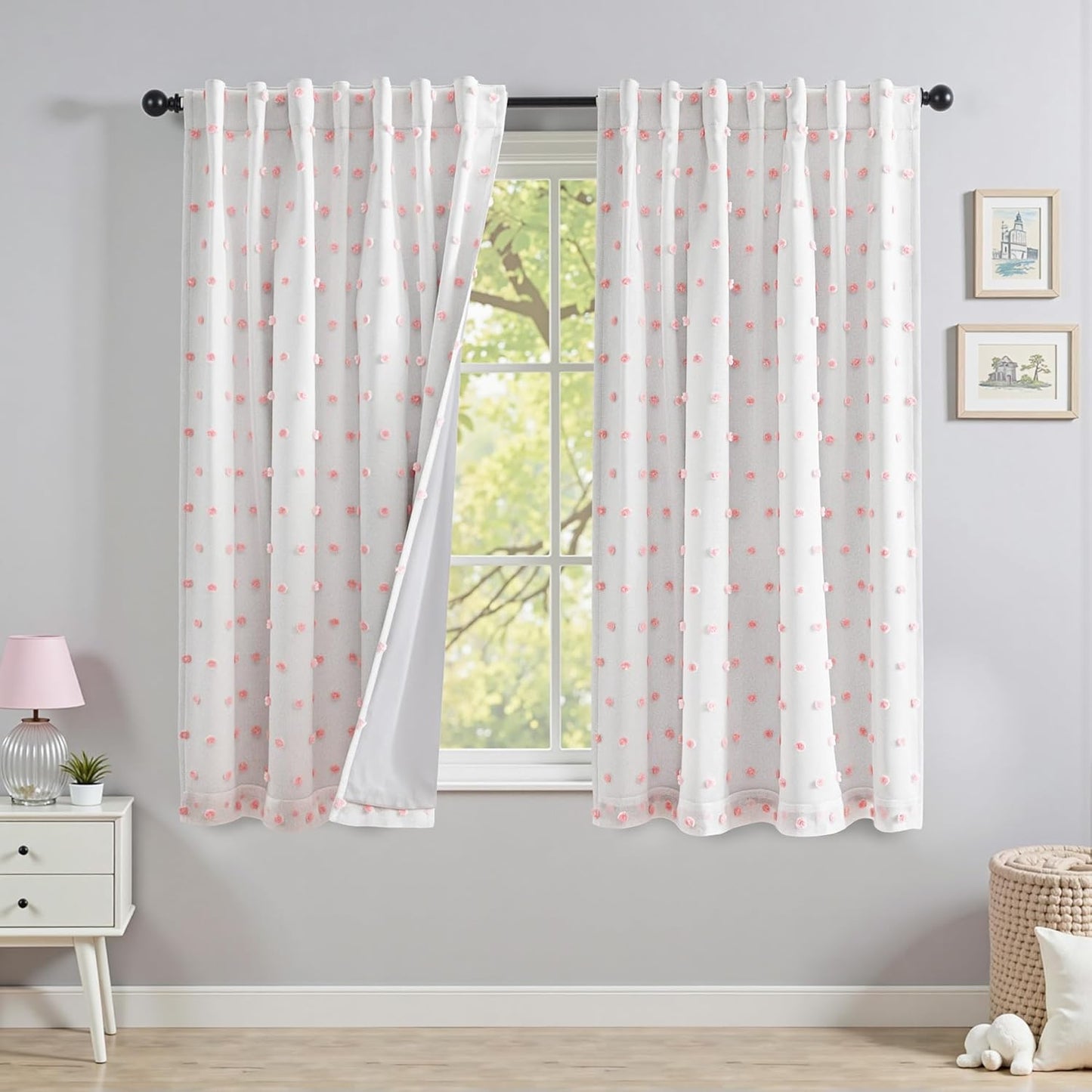 MYSKY HOME 100% Black Out Curtains for Bedroom White Blackout Curtain 63 Inches Long Thermal Insulated 2 Panels Short Kitchen Drapes with White Pom Pom Sheer Room Darkening Back Tab, 52 x 63 in
