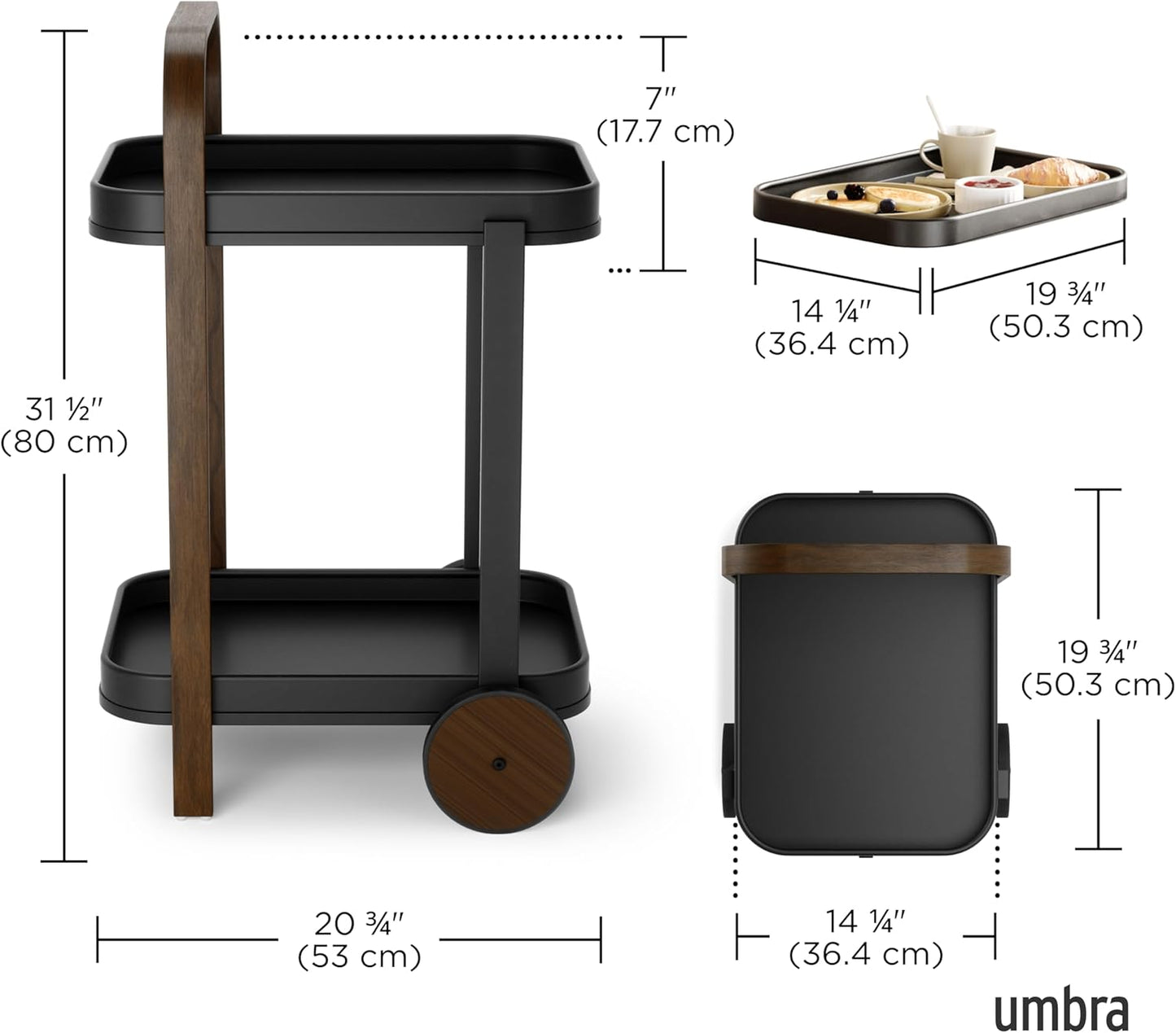 Umbra Bellwood Bar Cart, Serving Trolley, Side Table, Walnut/Black